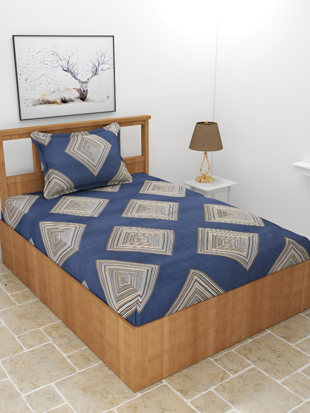 

MORADO Blue & Beige Geometric Printed 210 TC Single Bedsheet With 1 Pillow Cover