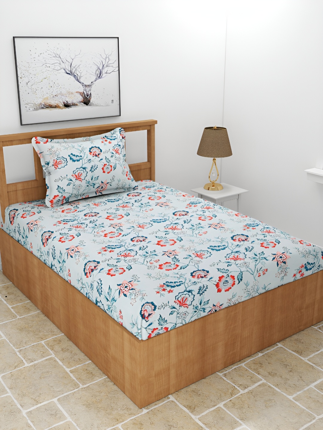 

MORADO Blue & Red Floral Printed 210 TC Single Bedsheet With 1 Pillow Cover