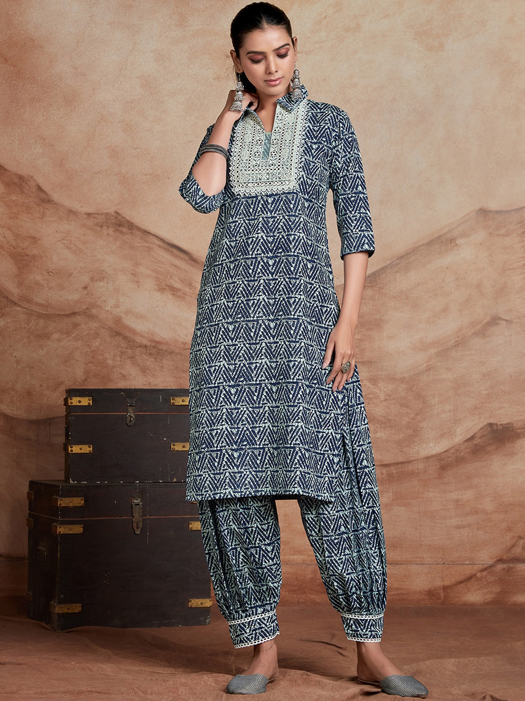 

KALINI Ethnic Motifs Printed Mirror Work Regular Mirror Work Kurta with Salwar, Blue