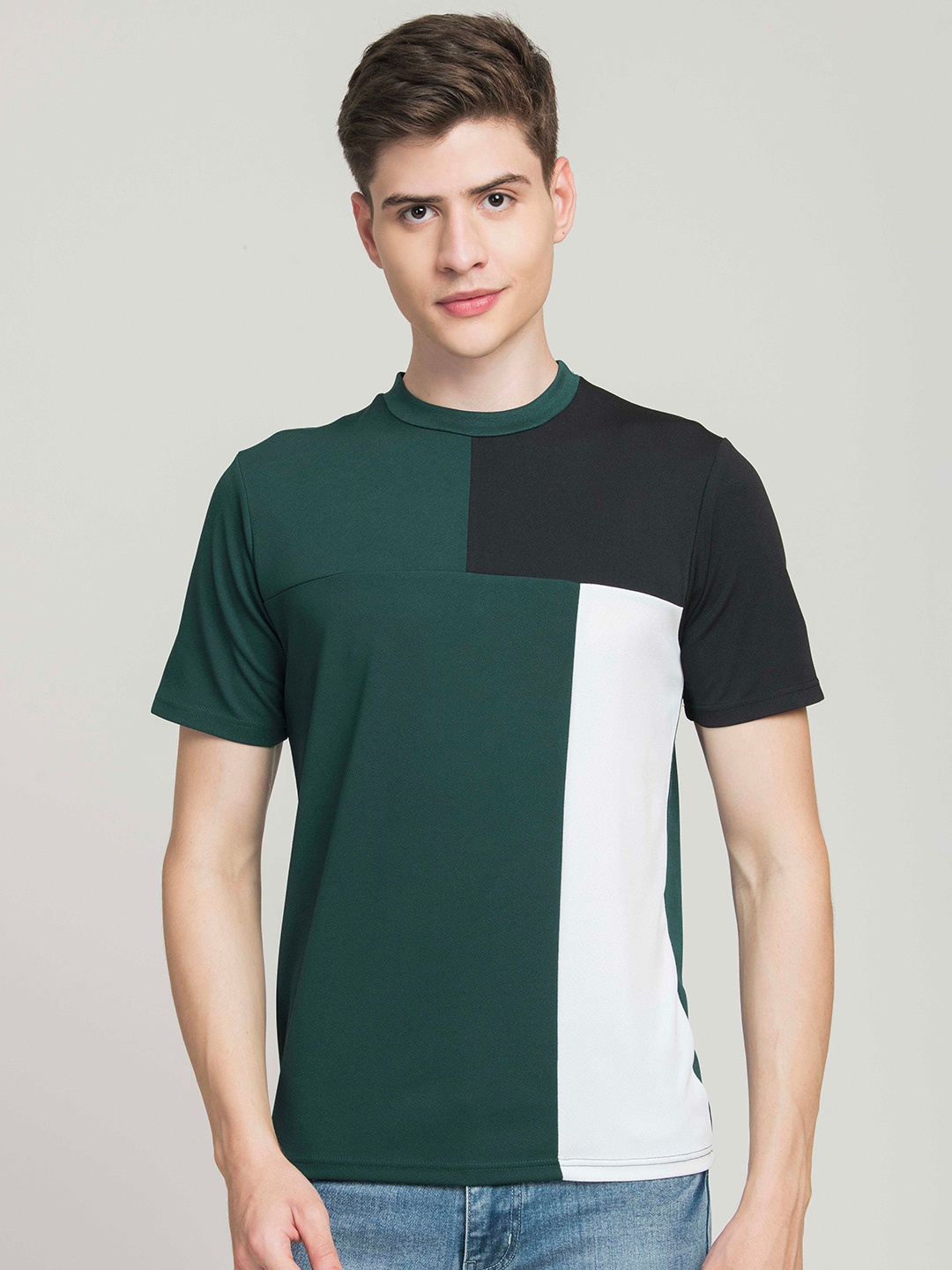 

STYLOGUE Round Neck Colourblocked Casual T-shirt, Green
