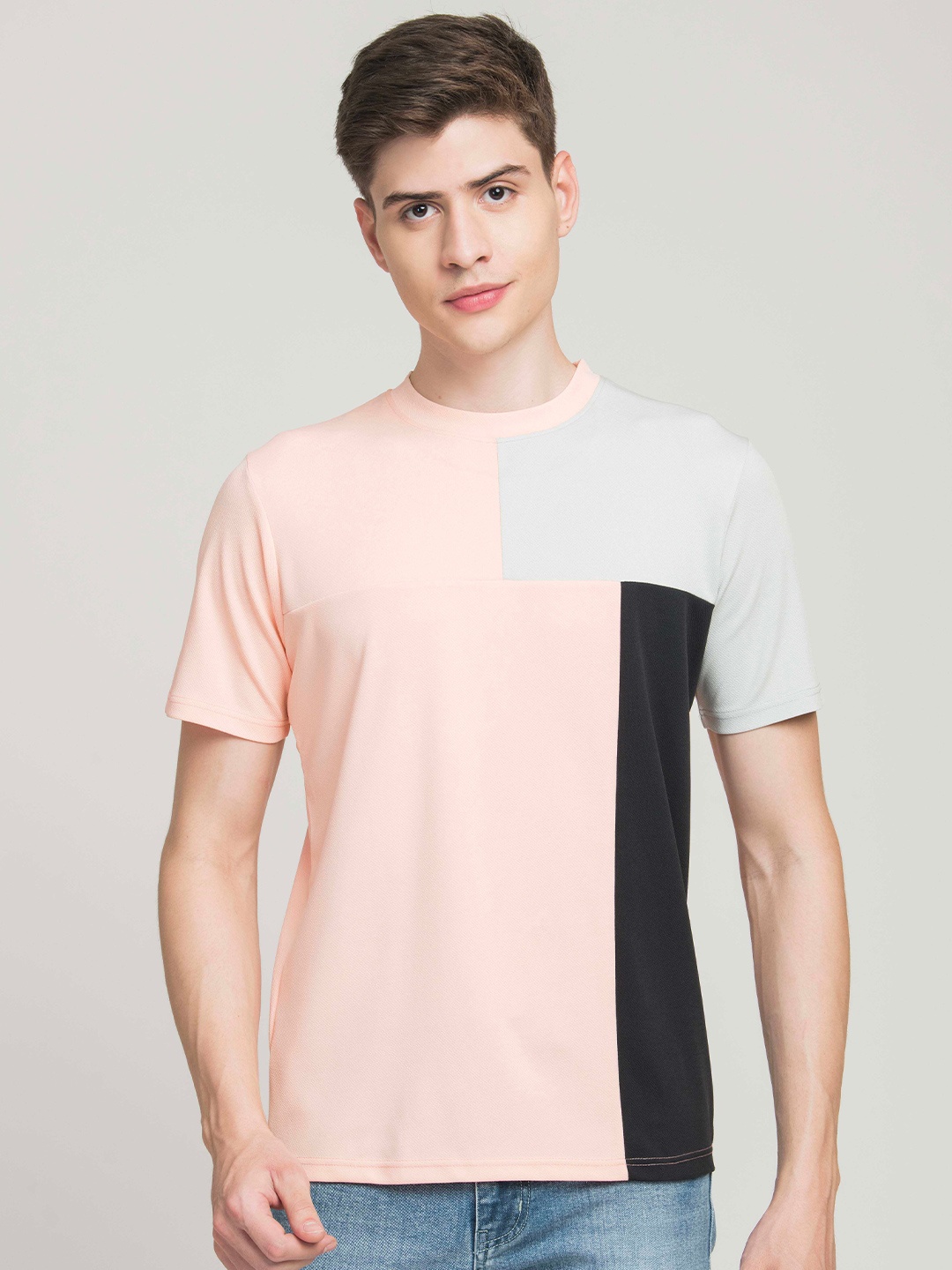 

STYLOGUE Colourblocked Round Neck T-shirt, Peach