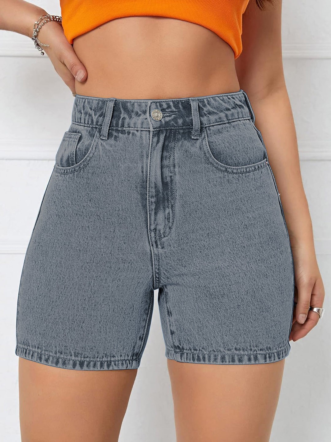 

AAHWAN Women Slim Fit High-Rise Cotton Denim Shorts, Grey