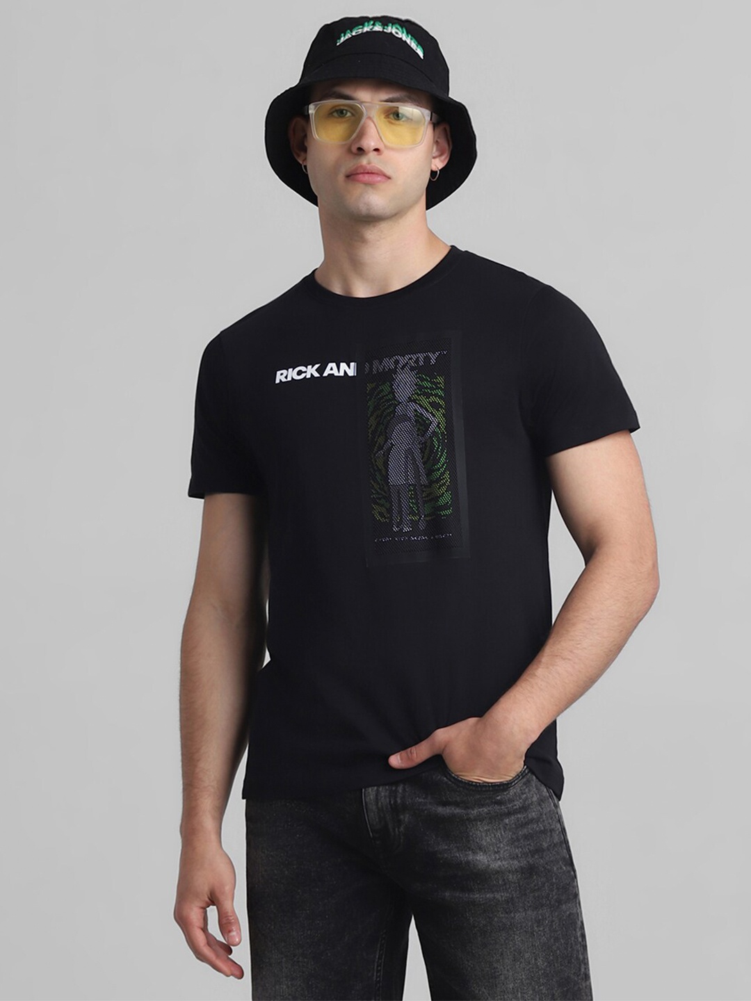 Jack & Jones Rick & Morty Printed Pure Cotton T-shirt, Black