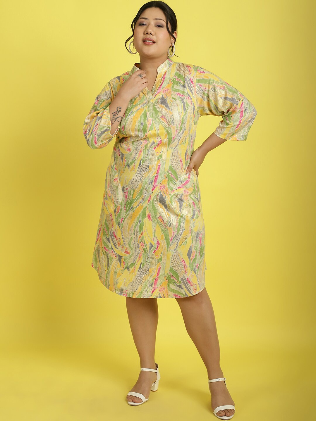 

theRebelinme Printed Mandarin Collar Shirt Dress, Yellow
