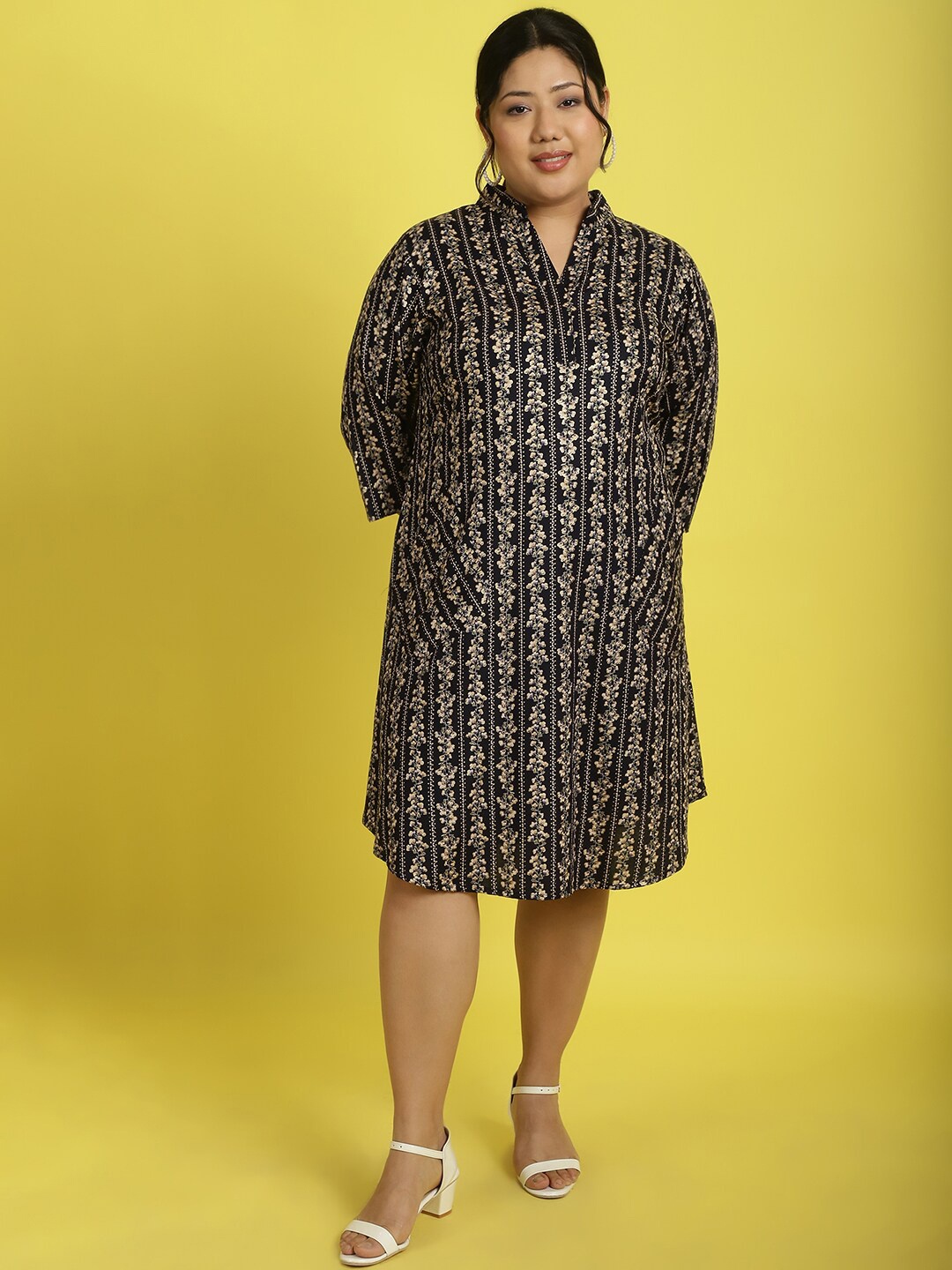 

theRebelinme Printed Mandarin Collar A-Line Dress, Navy blue