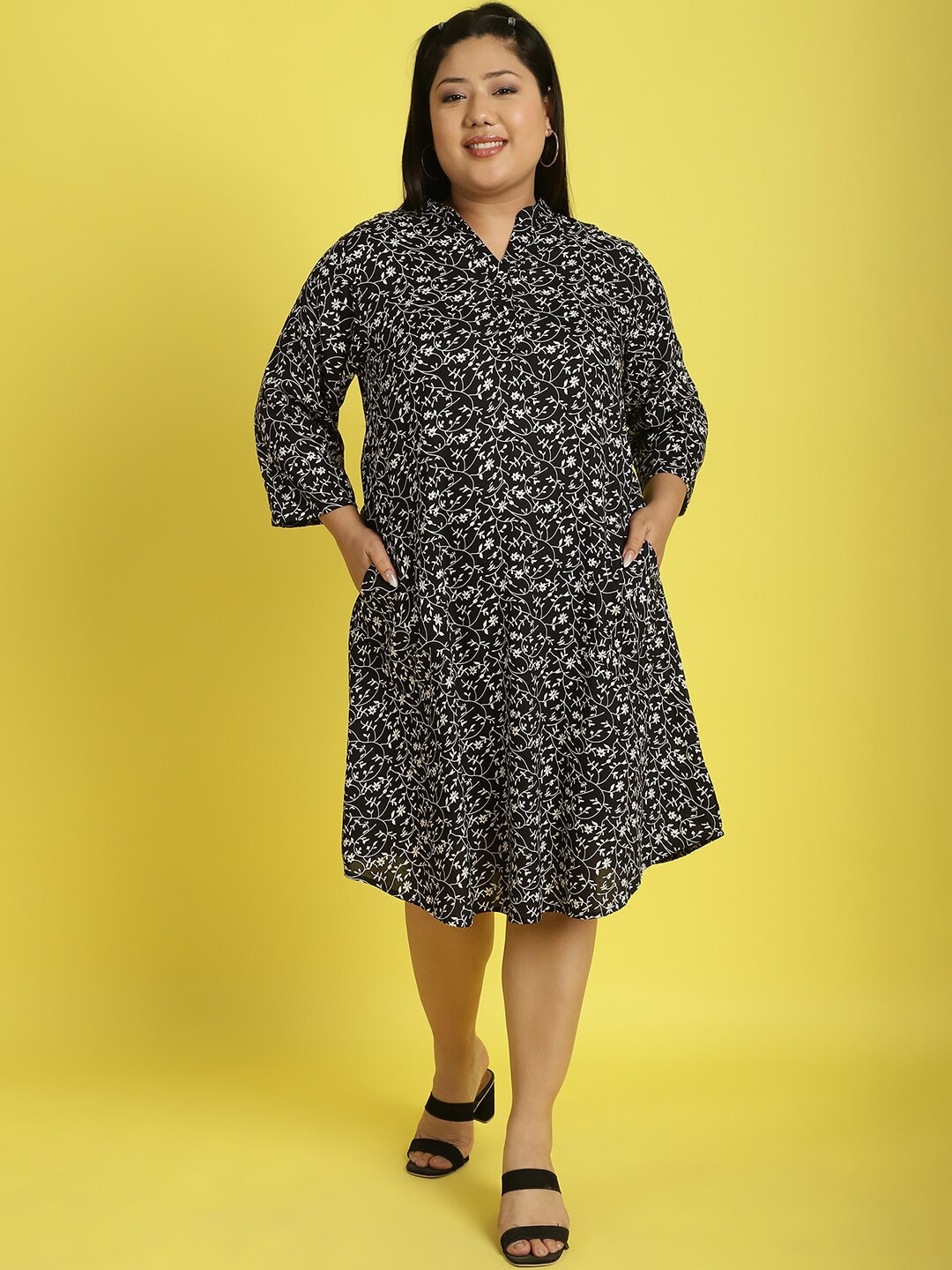 

theRebelinme Floral Print Mandarin Collar Shirt Dress, Black