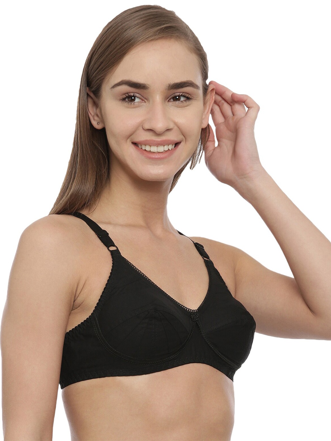 

BLOSSOM Seamed Panelled Woven Cotton Bra_Saree Bra, Black