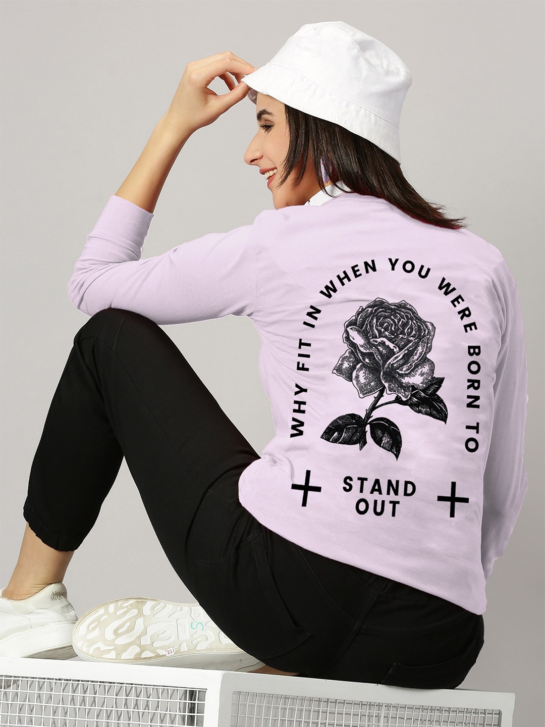 

GESPO Round Neck Typography Printed Long Sleeves Cotton T-shirt, Lavender