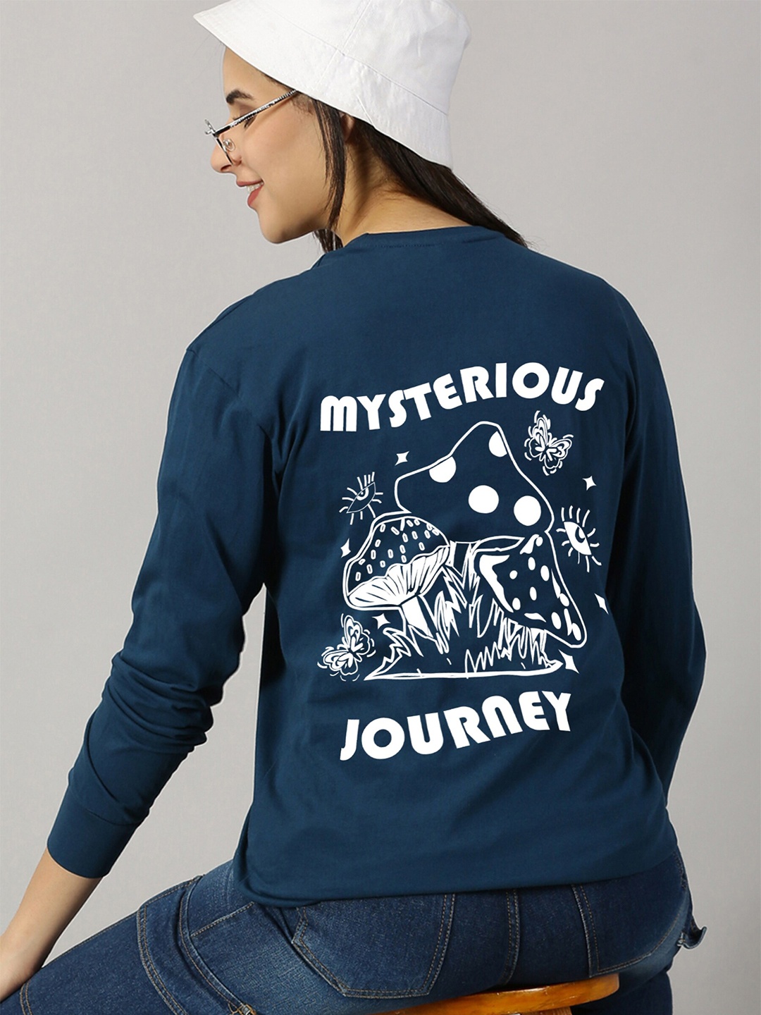 

GESPO Round Neck Typography Printed Long Sleeves Cotton T-shirt, Teal