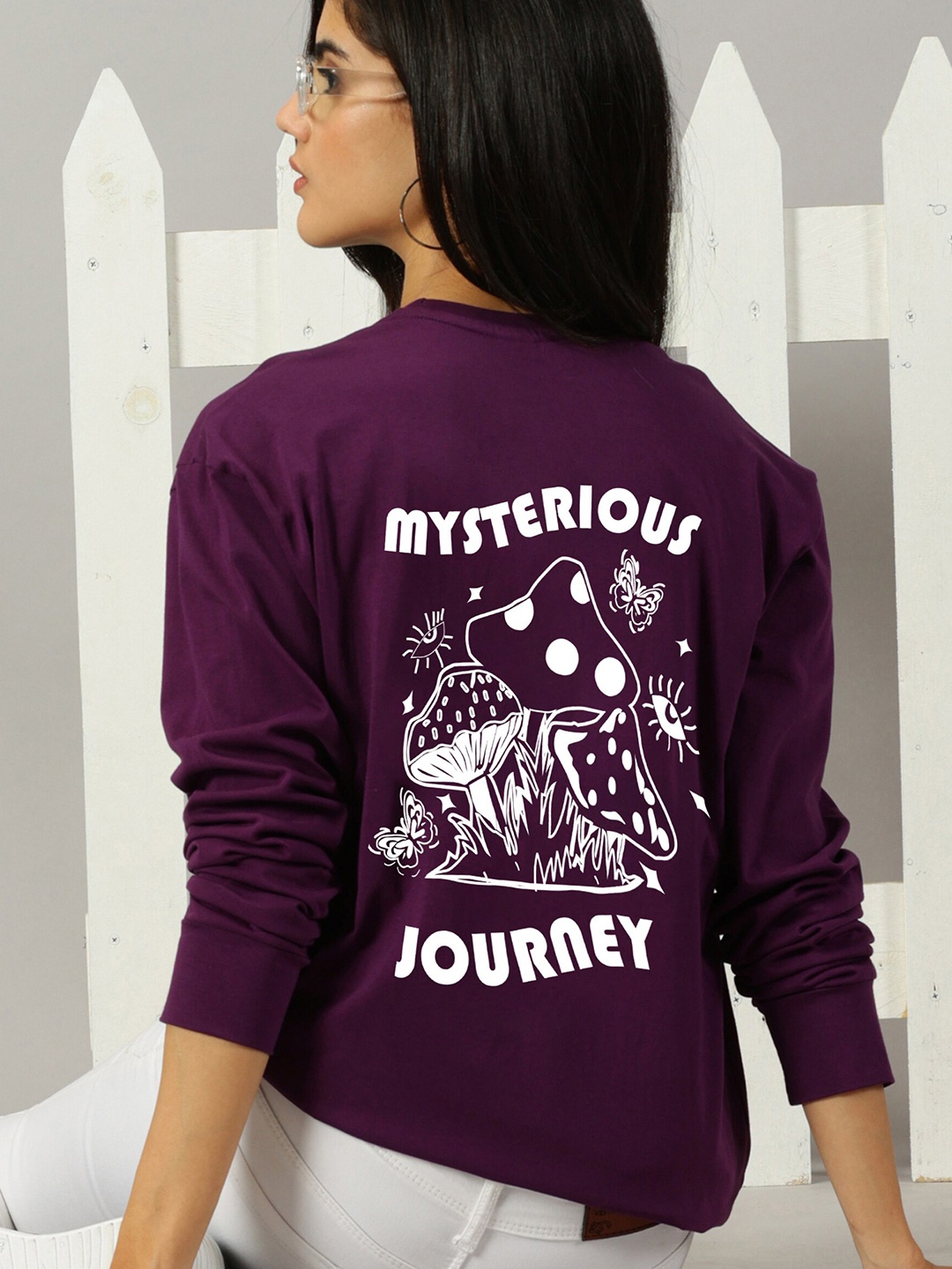 

GESPO Round Neck Biker Printed Cotton T-shirt, Purple