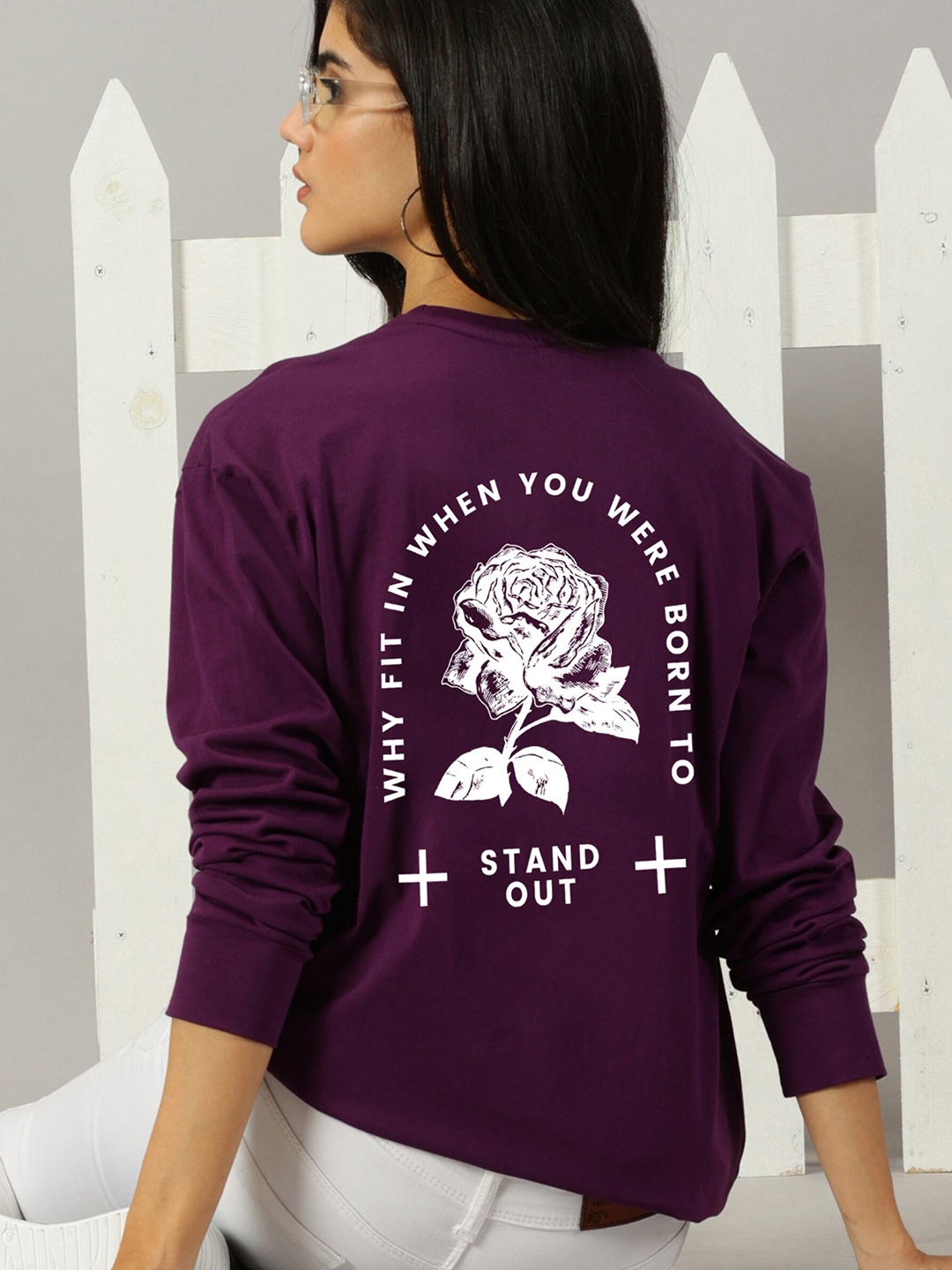 

GESPO Round Neck Typography Cotton T-shirt, Purple