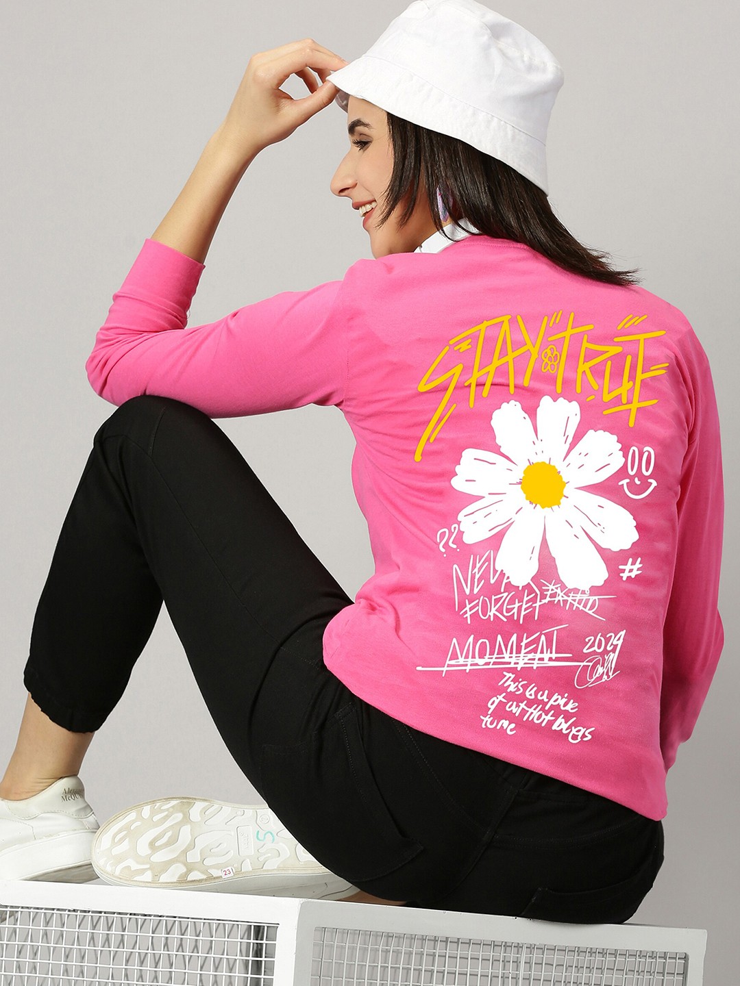 

GESPO Round Neck Printed Cotton T-shirt, Pink