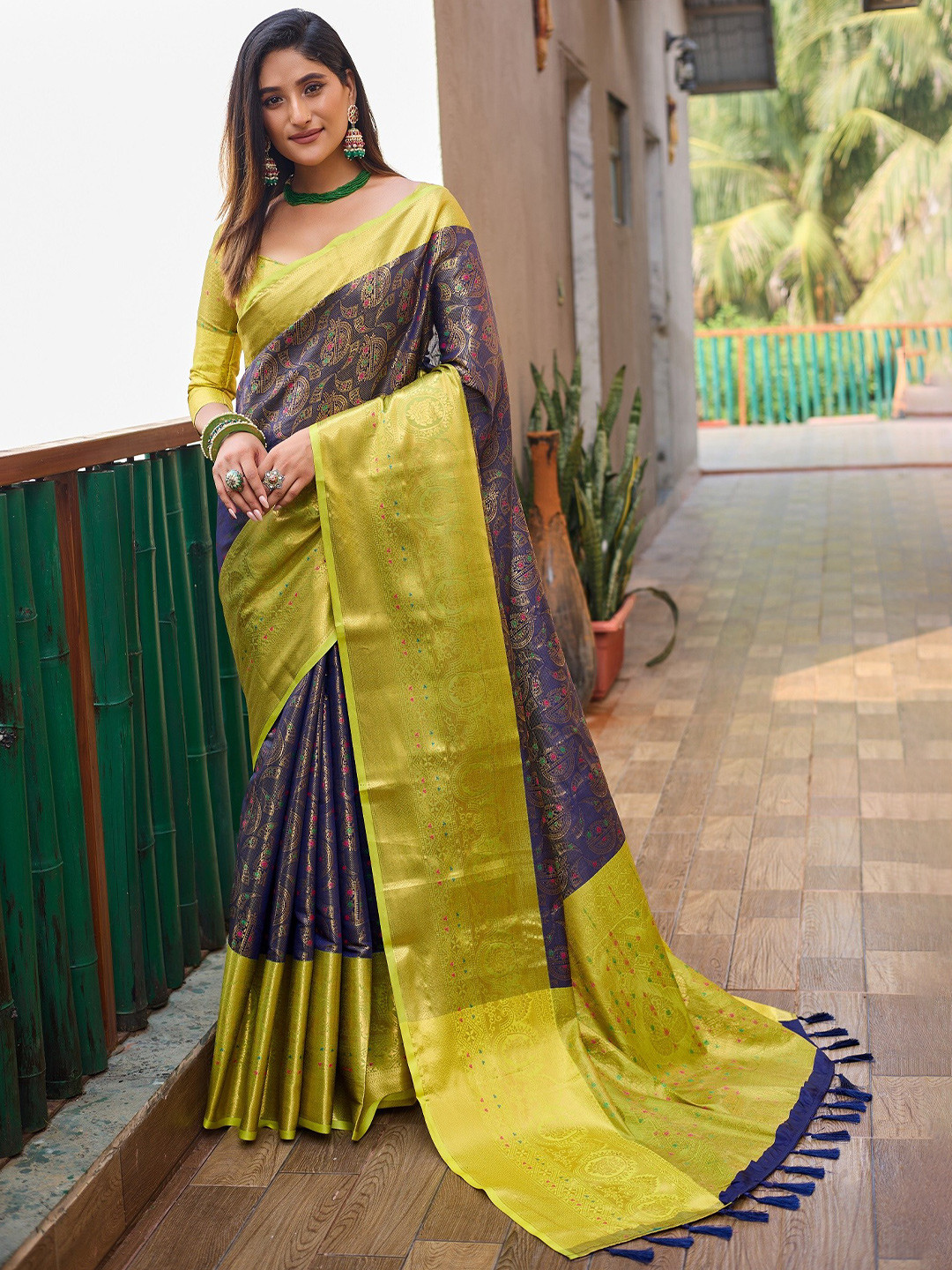 

Anouk Navy Blue Ethnic Motifs Woven Design Zari Kanjeevaram Saree