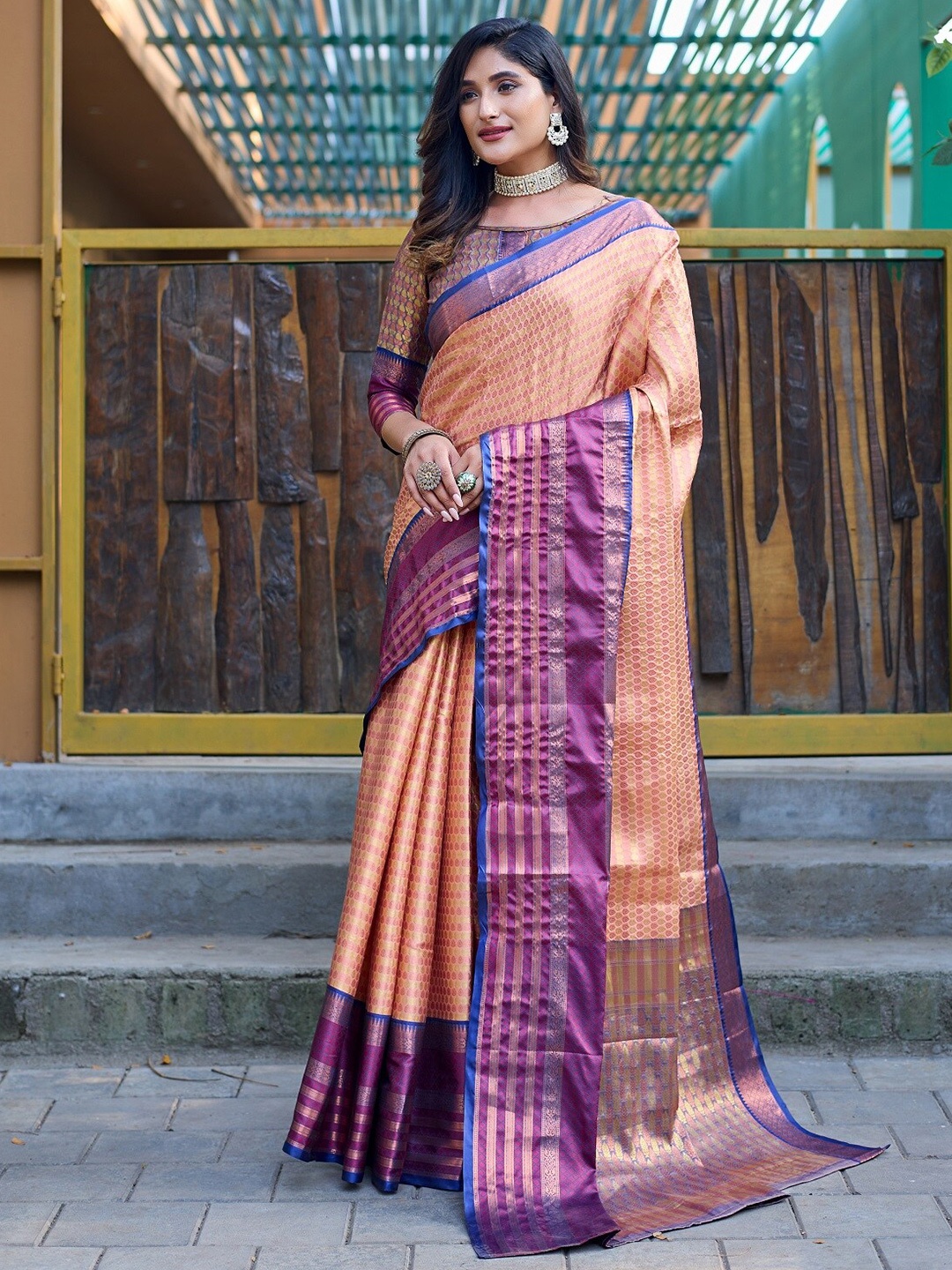 

Anouk Ethnic Motifs Woven Design Zari Kanjeevaram Saree, Peach