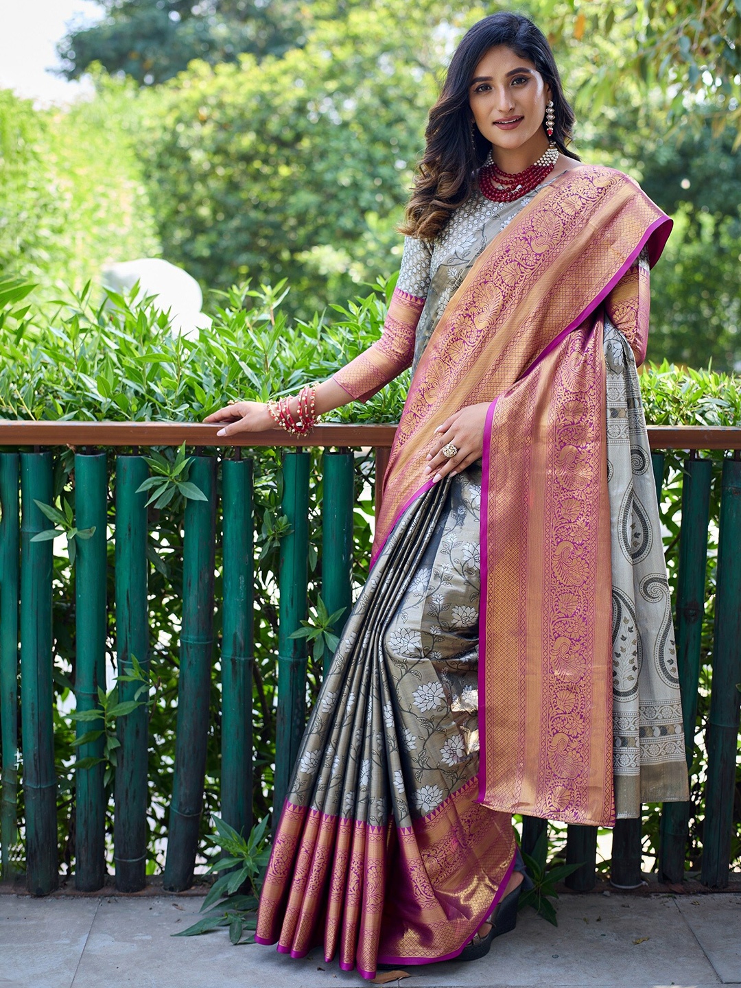 

Anouk Grey Ethnic Motifs Woven Design Zari Kanjeevaram Saree