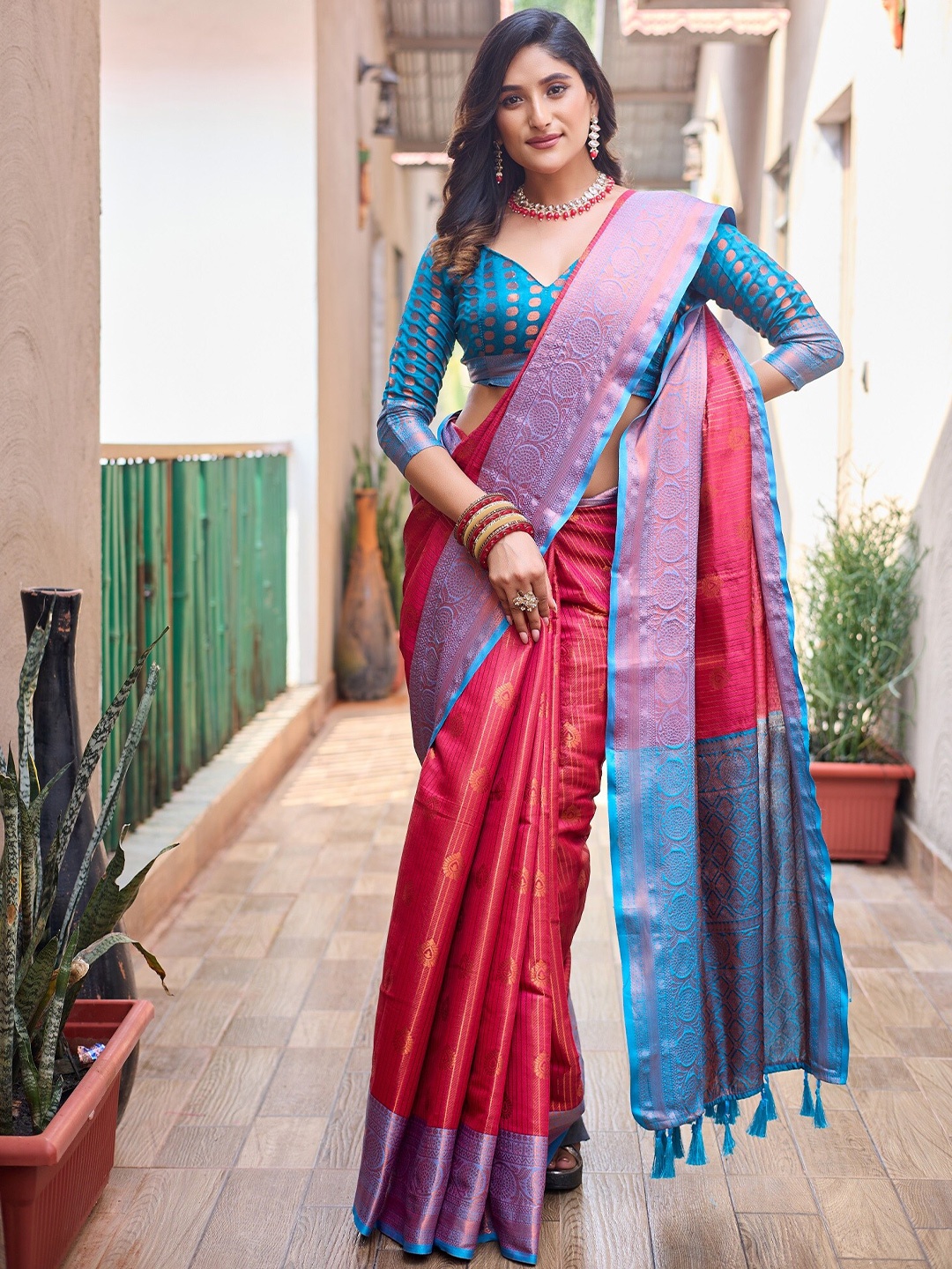 

Anouk Rust Ethnic Motifs Woven Design Zari Silk Blend Kanjeevaram Saree, Blue