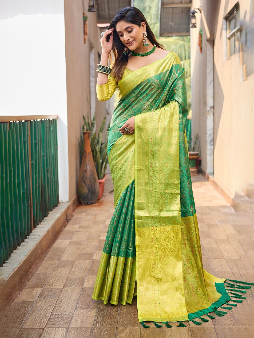 

Anouk Green Ethnic Motifs Woven Design Zari Kanjeevaram Saree