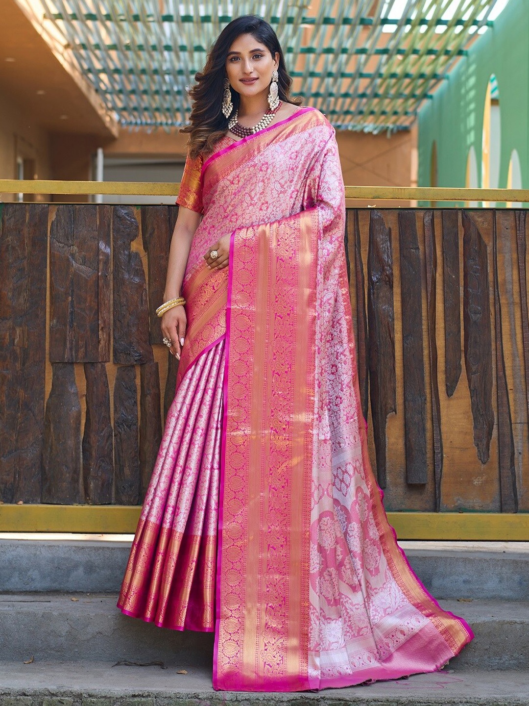 

Anouk Pink Ethnic Motifs Woven Design Zari Silk Blend Kanjeevaram Saree