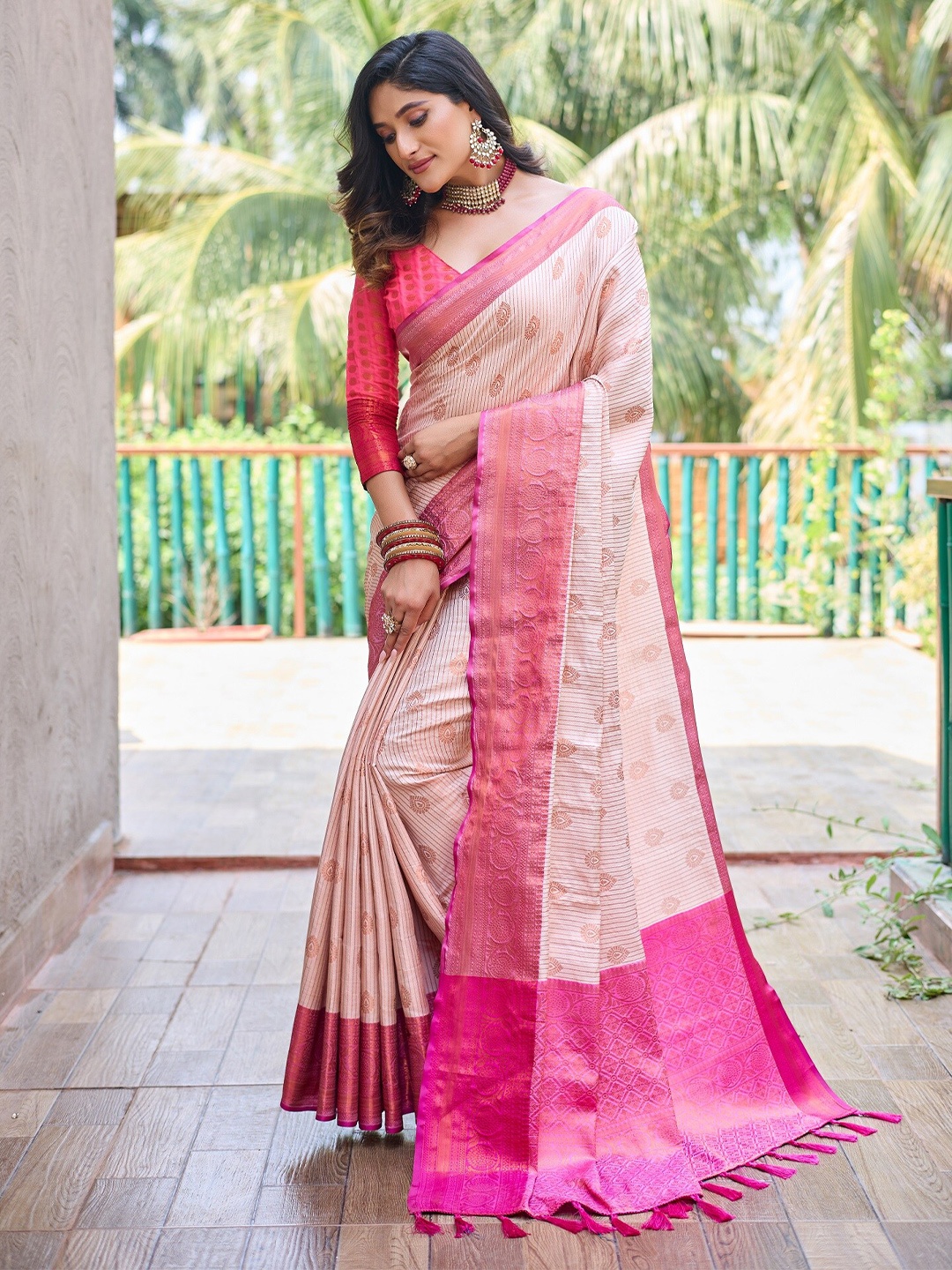 

Anouk Cream Ethnic Motifs Woven Design Zari Kanjeevaram Saree