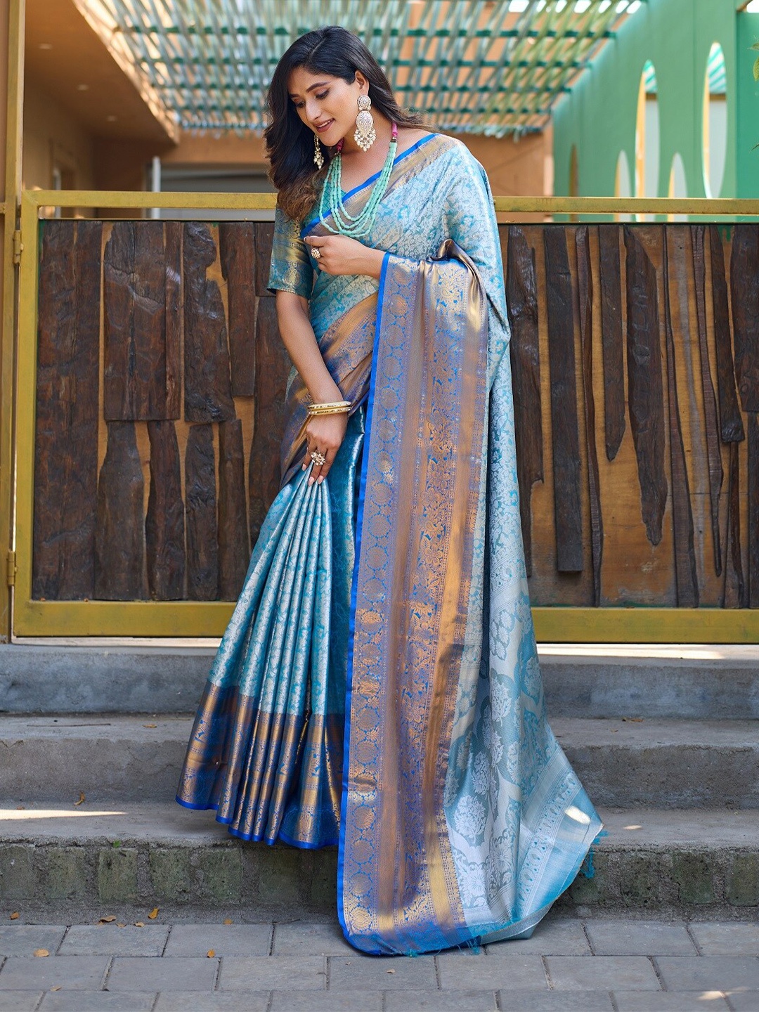 

Anouk Blue Ethnic Motifs Woven Design Zari Kanjeevaram Saree