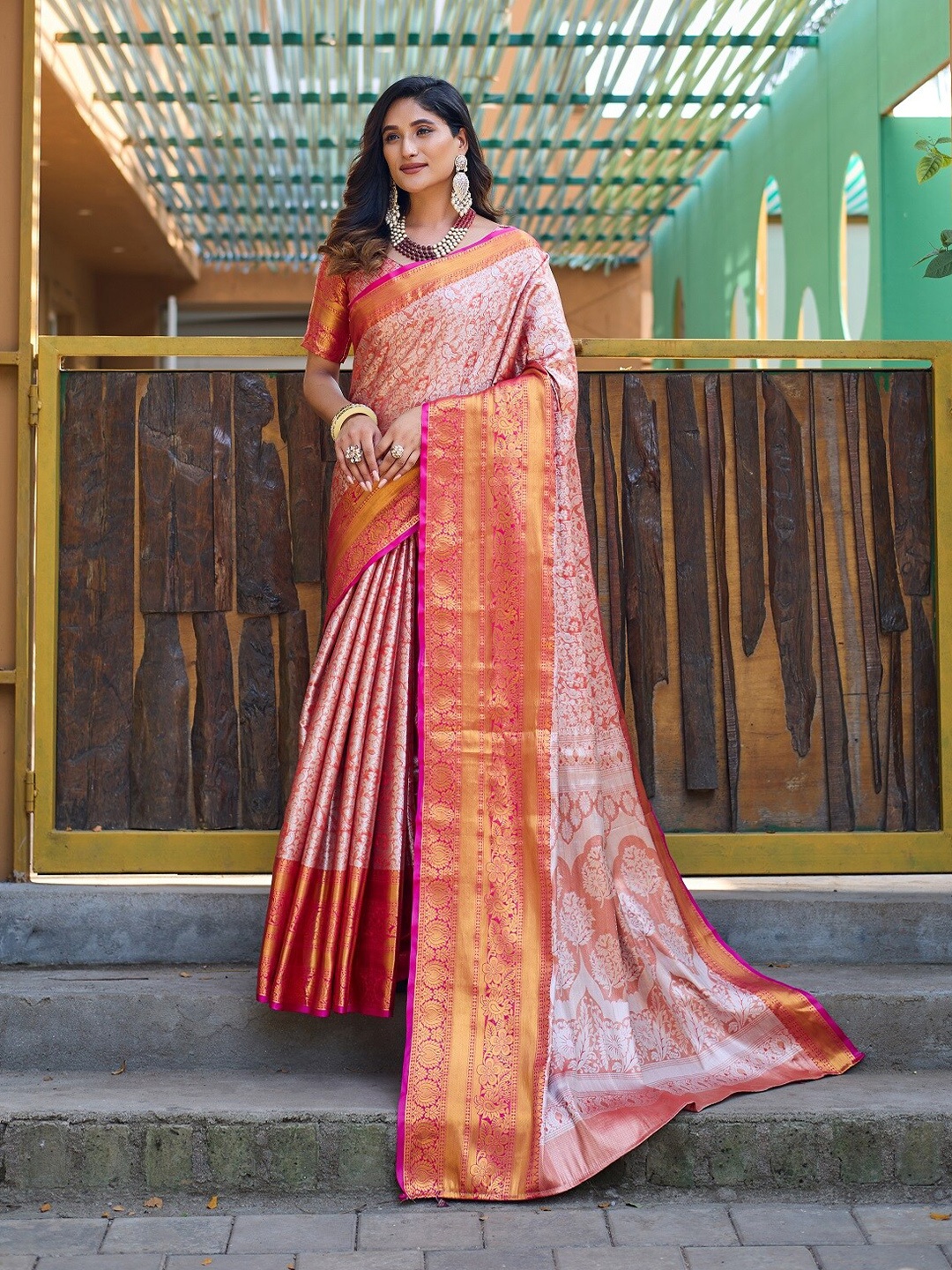 

Anouk Rust Ethnic Motifs Woven Design Zari Silk Blend Kanjeevaram Saree