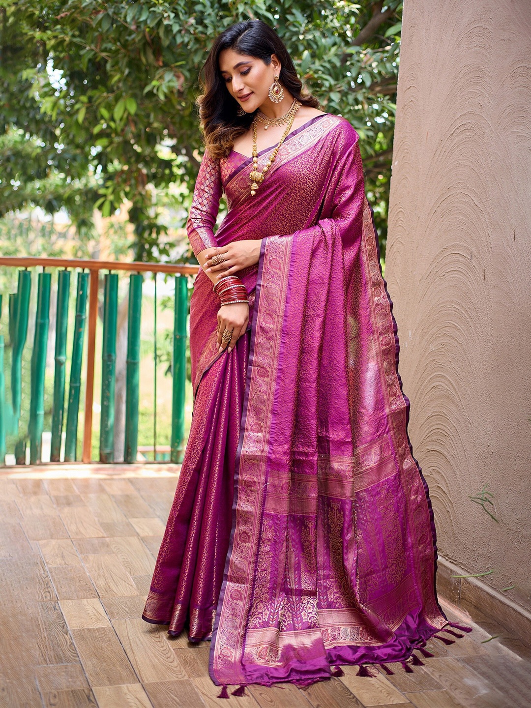 

Anouk Burgundy Ethnic Motifs Woven Design Zari Kanjeevaram Saree