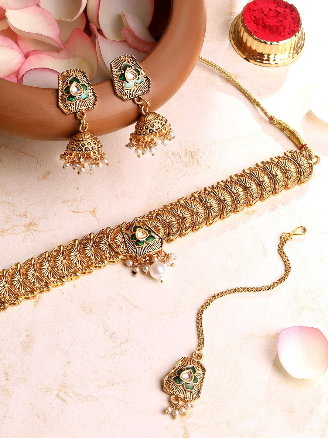 

ASMITTA JEWELLERY Gold-Plated Stone Studded & Beaded Jewellery Set