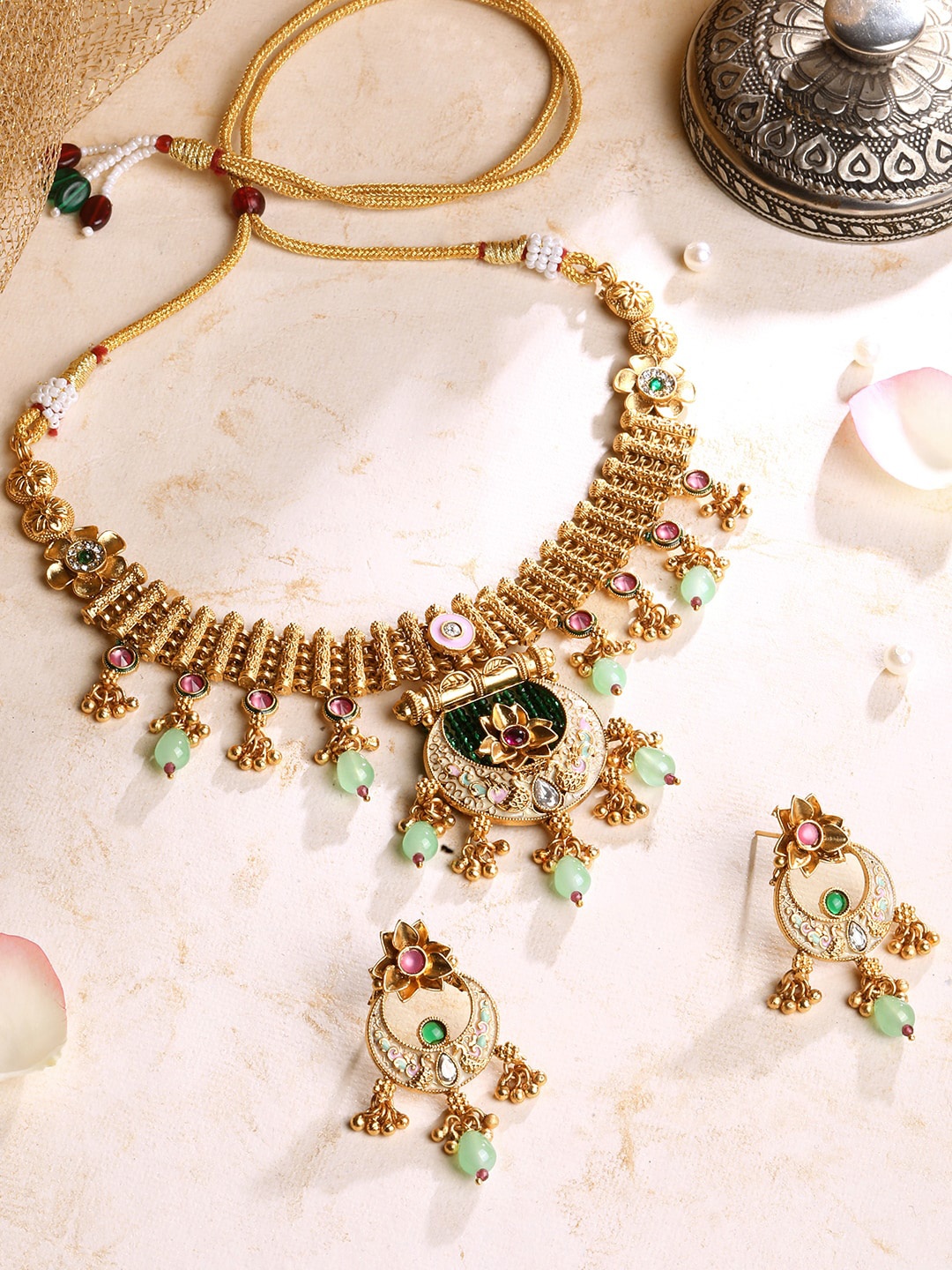 

ASMITTA JEWELLERY Gold-Plated Stone-Studded & Beaded Meenakari Jewellery Set