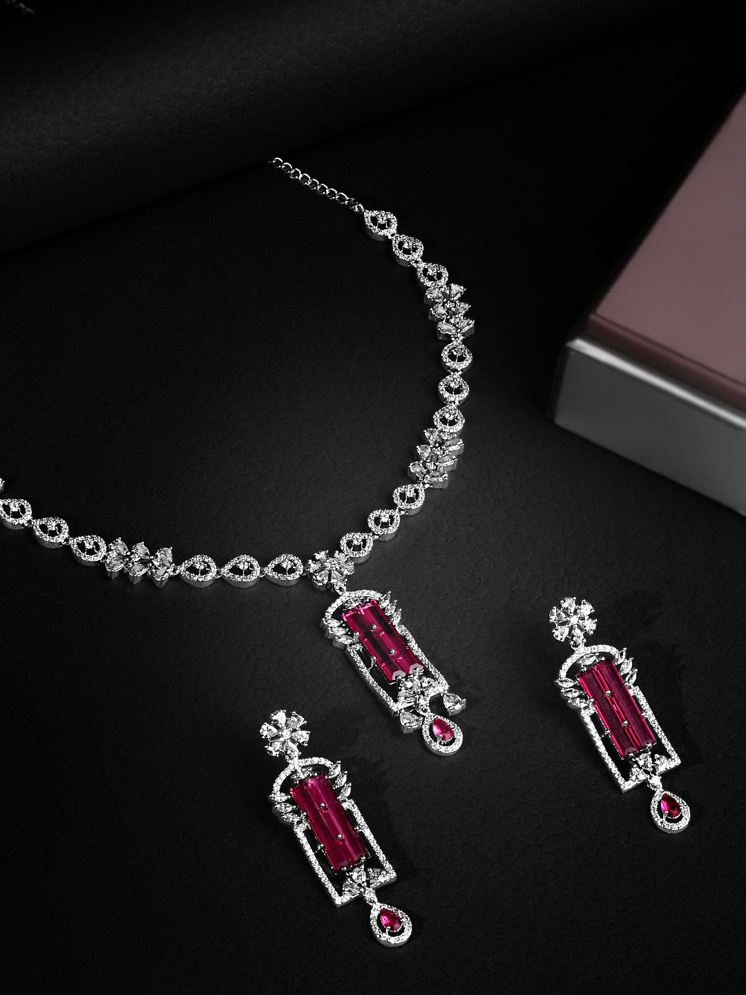 

ASMITTA JEWELLERY Rhodium-Plated CZ-Studded & Beaded Jewellery Set, Silver