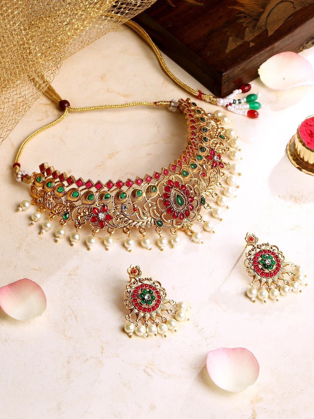 

ASMITTA JEWELLERY Gold-Plated Stone Studded & Beaded Jewellery Set