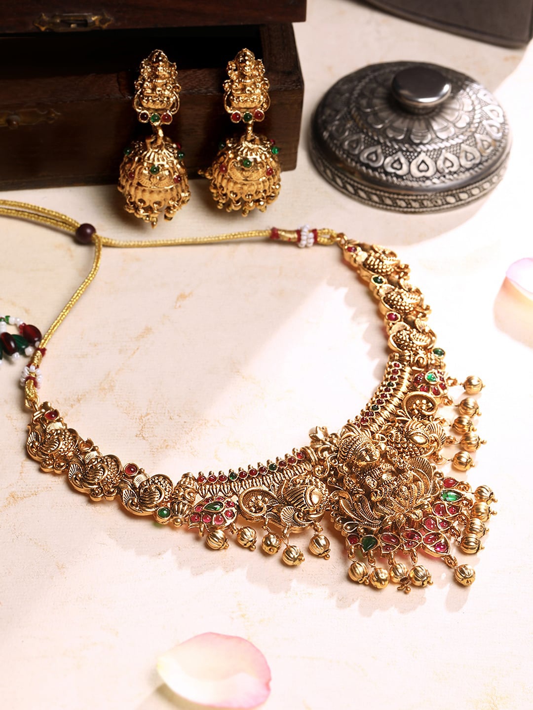 

ASMITTA JEWELLERY Gold-Plated Stone-Studded & Beaded Temple Jewellery Set
