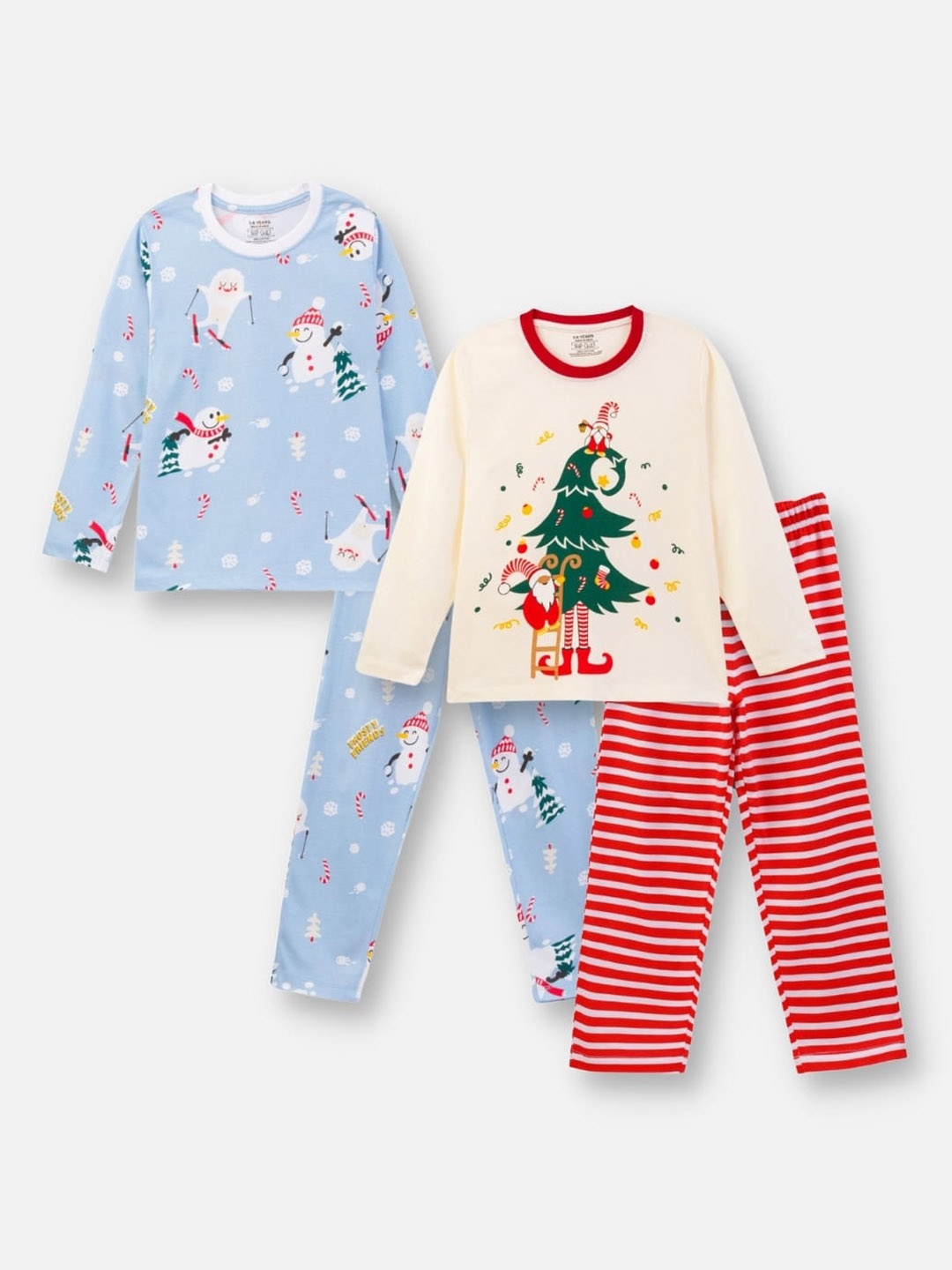 

Nap Chief Kids Pack of 2 Snowman and Elves Printed Pure Cotton Night suit, Peach