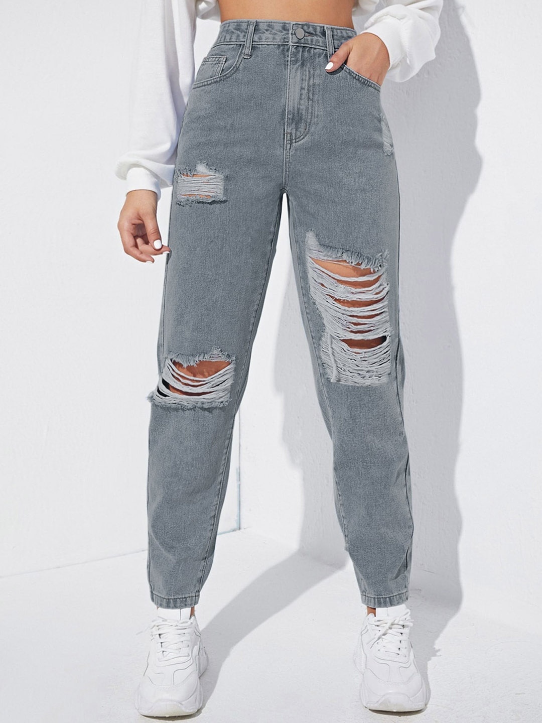 

AAHWAN Women High-Rise Highly Distressed Mom Fit Pure Cotton Denim Jeans, Grey