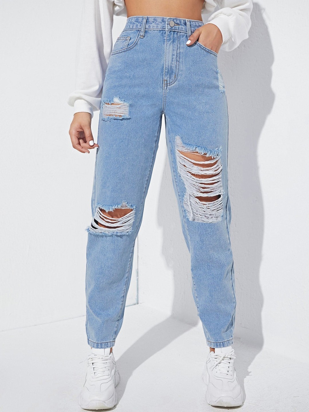 

AAHWAN Women High-Rise Highly Distressed Mom Fit Pure Cotton Denim Jeans, Blue