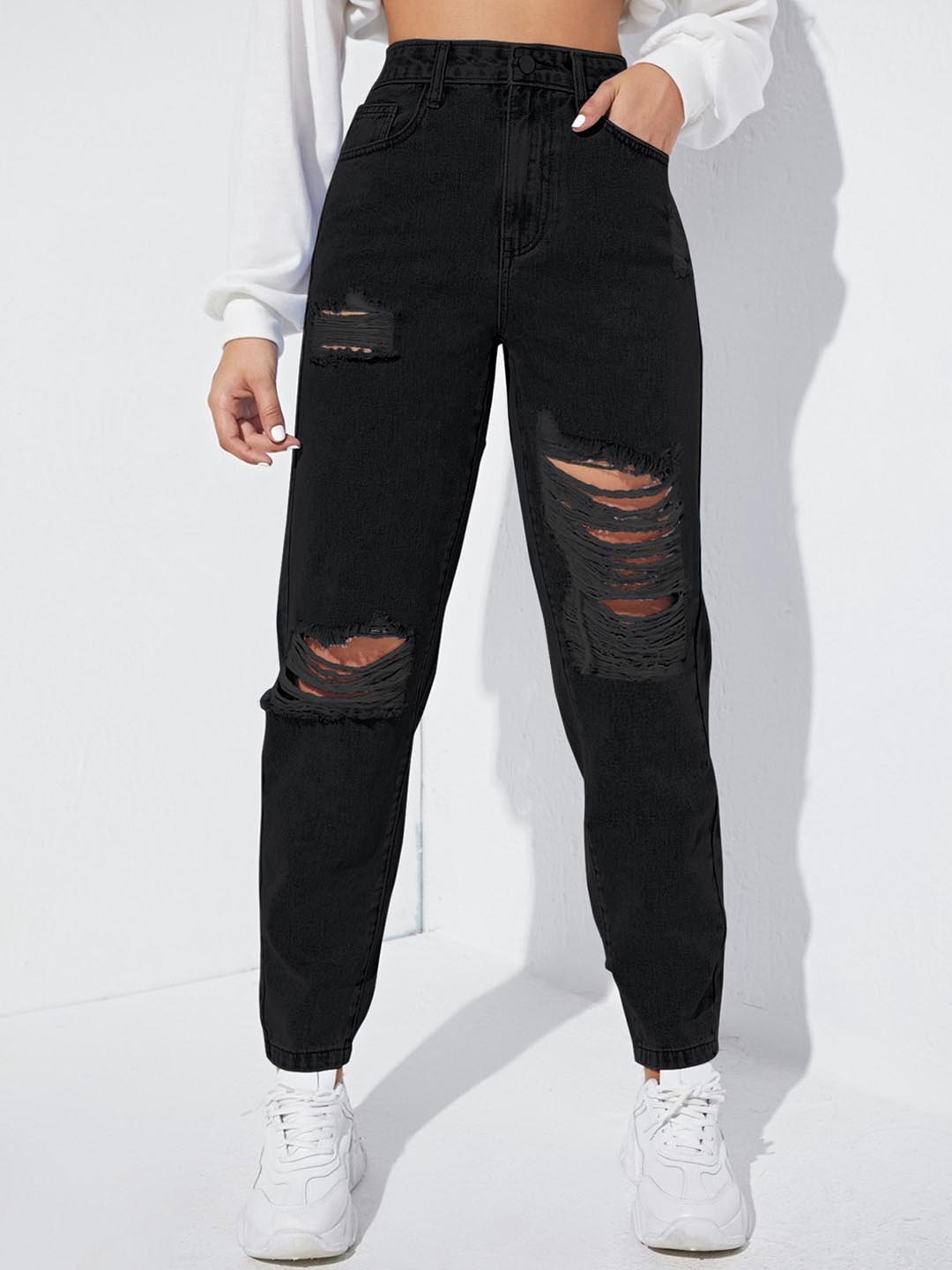 

AAHWAN Women High-Rise Highly Distressed Mom Fit Pure Cotton Denim Jeans, Black