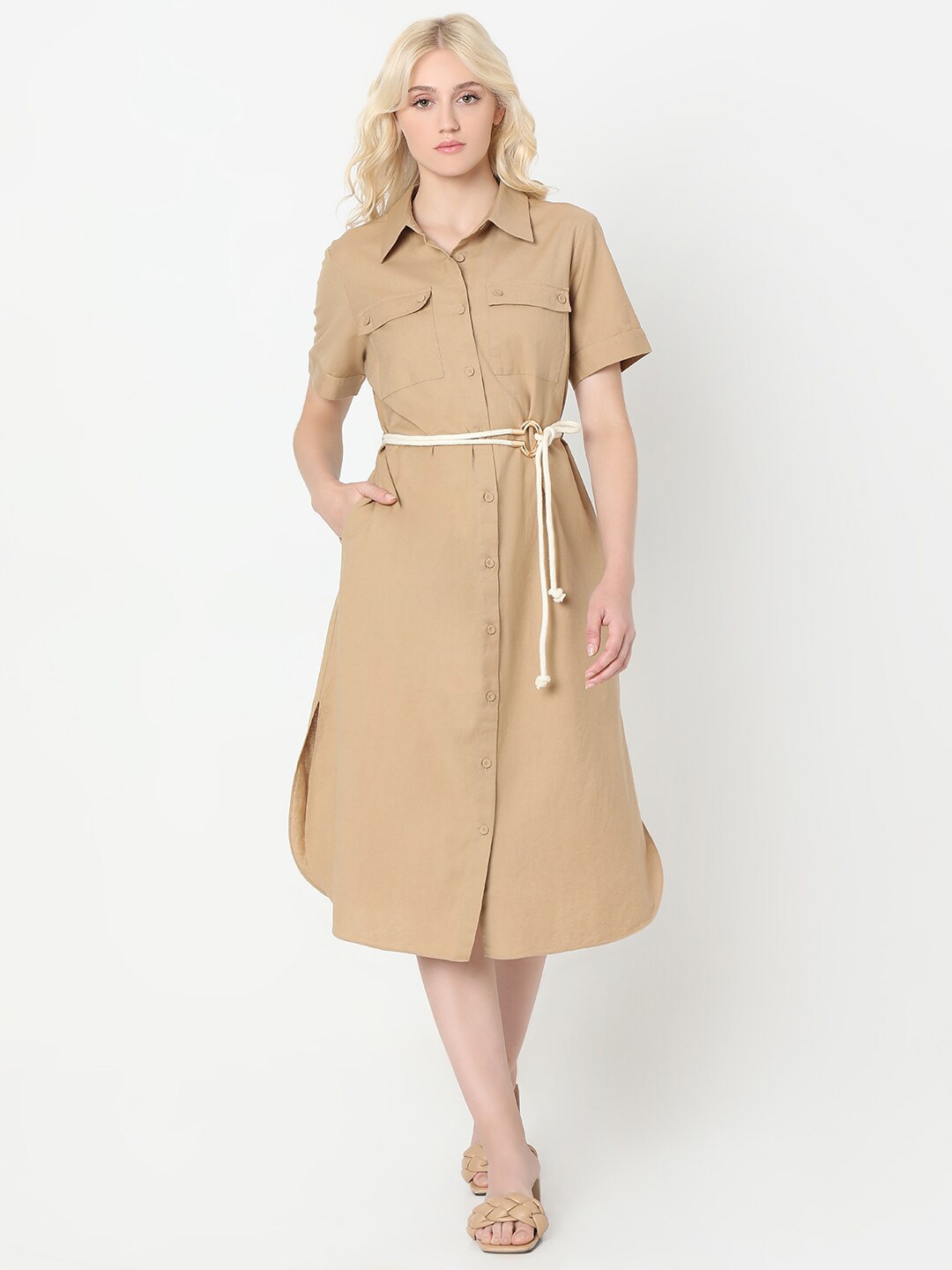 

Vero Moda Roll-Up Sleeves Shirt Midi Dress, Beige