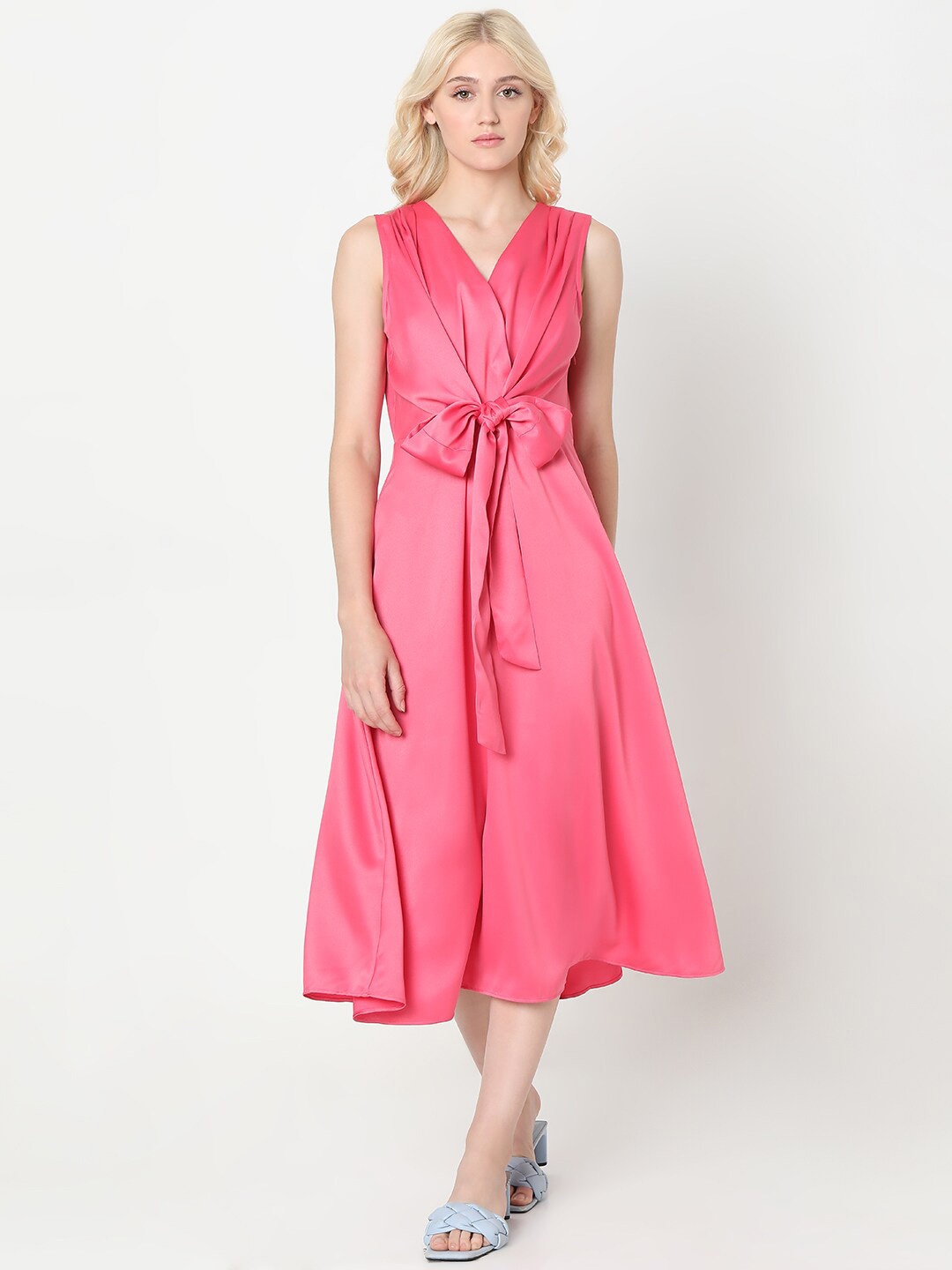 

Vero Moda V-Neck Tie-Ups Detail A-Line Midi Dress, Pink