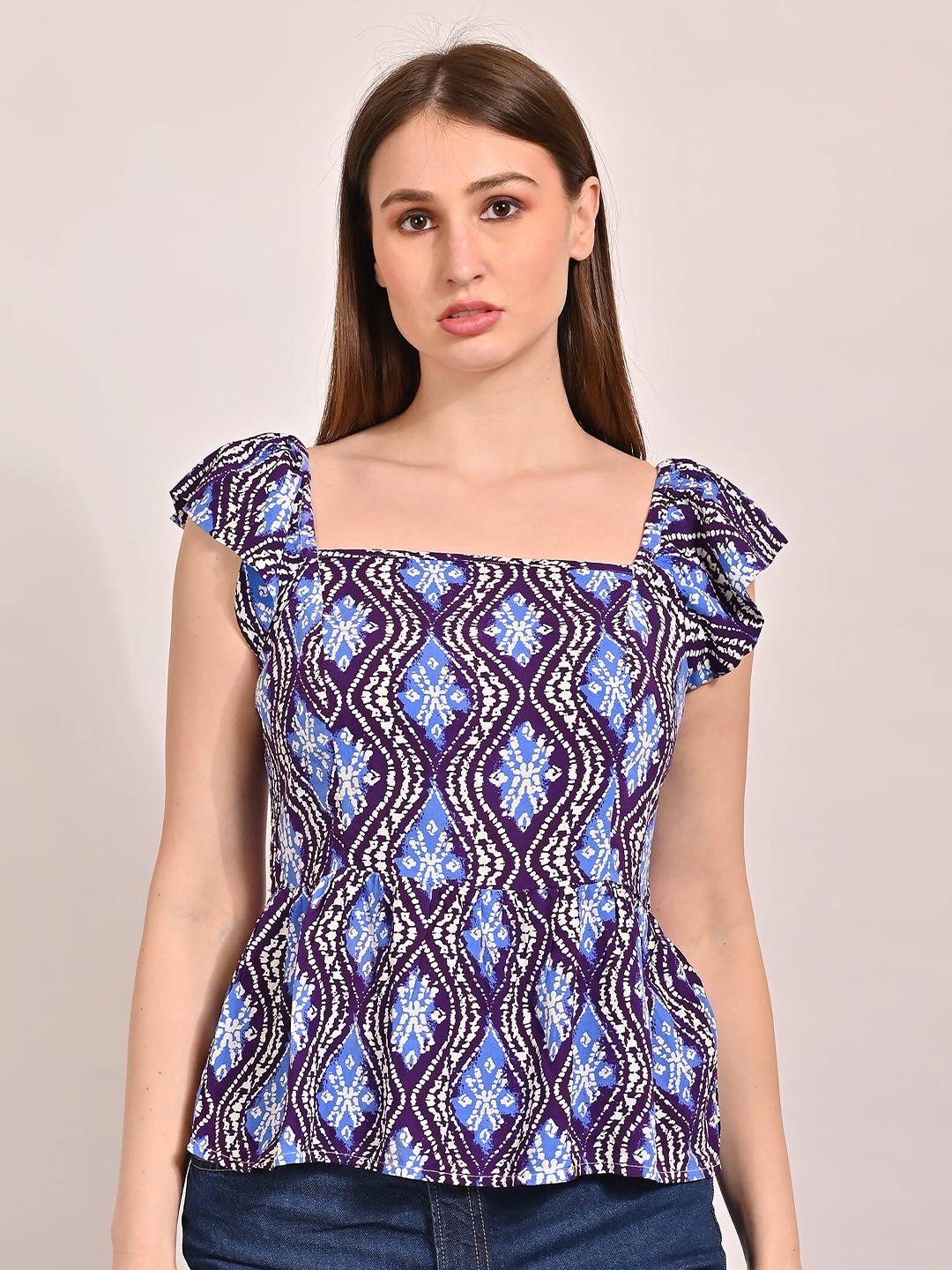 

NoBarr Ethnic Motifs Printed Square Neck Flutter Sleeve Top, Blue