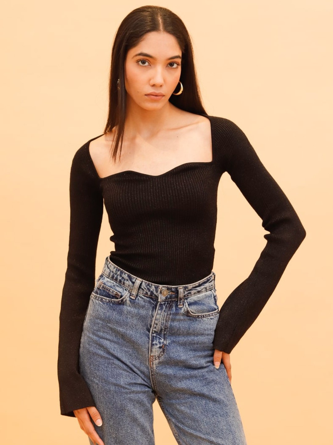 

NoBarr Sweetheart Neck Long Sleeves Fitted Top, Black