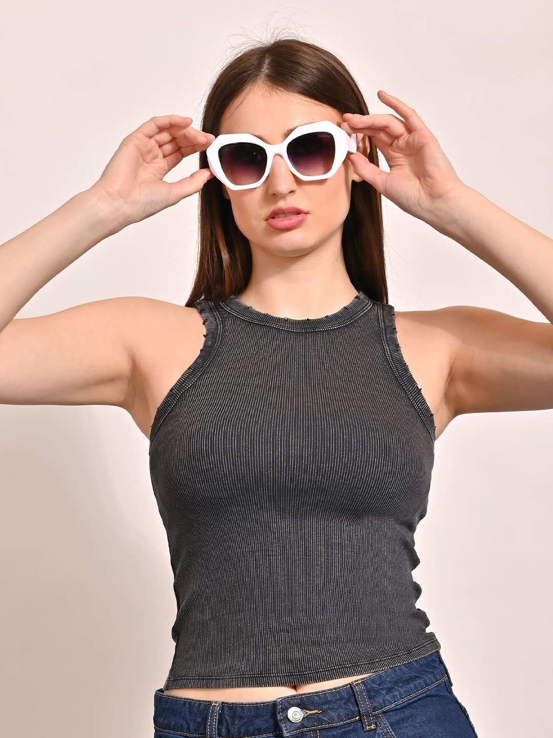

NoBarr Round Neck Sleeveless Ribbed Cotton Crop Top, Grey