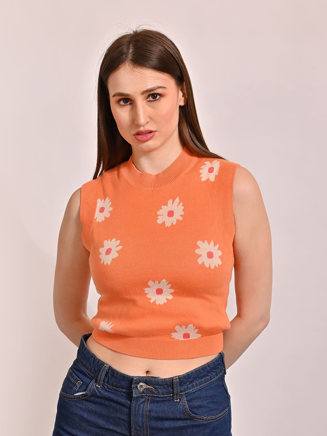 

NoBarr Floral Printed Sleeveless Round Neck Cotton Crop Top, Orange