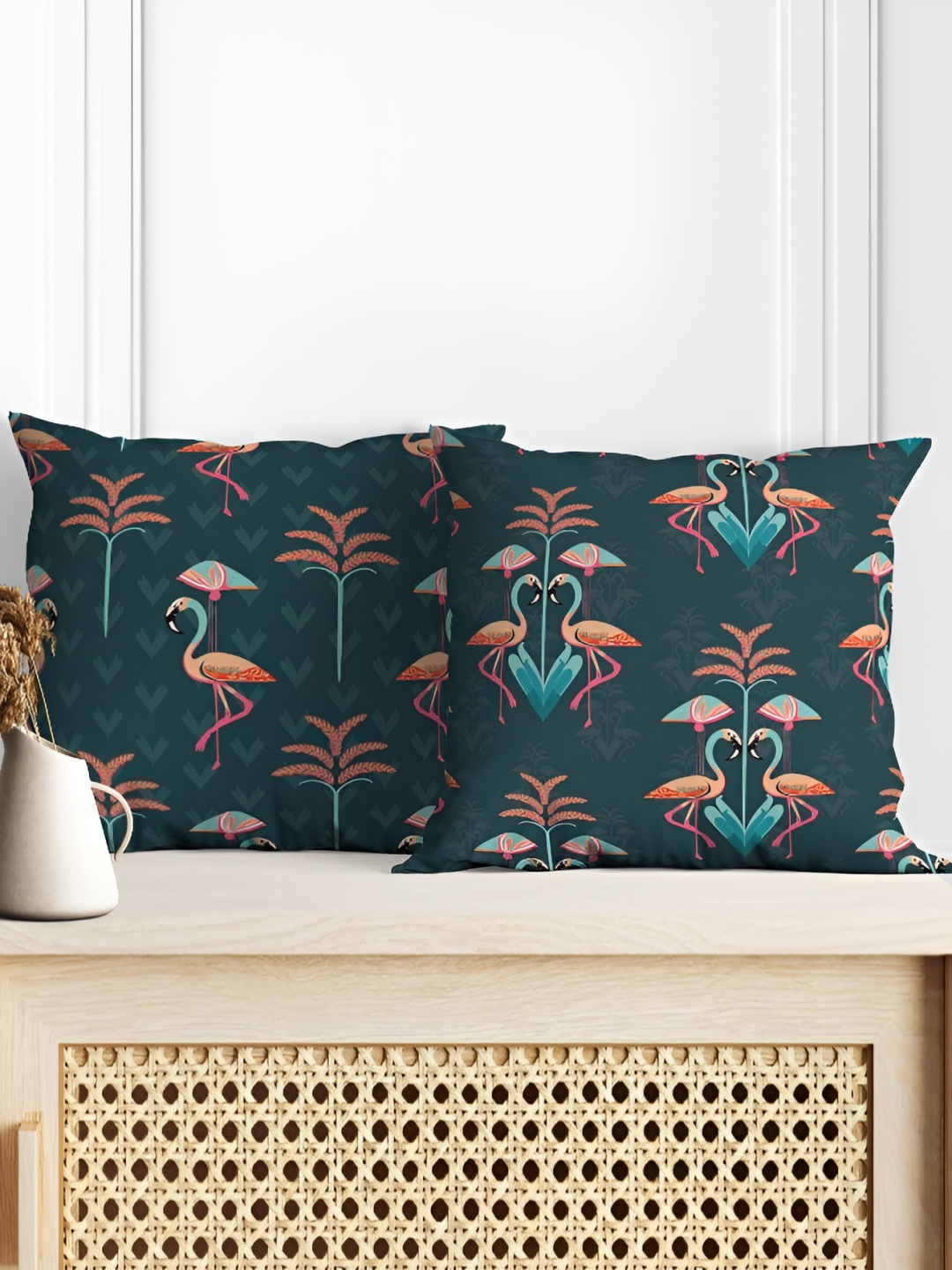 

Astitva Blue & Orange 2 Pcs Ethnic Motifs Square Cushion Covers