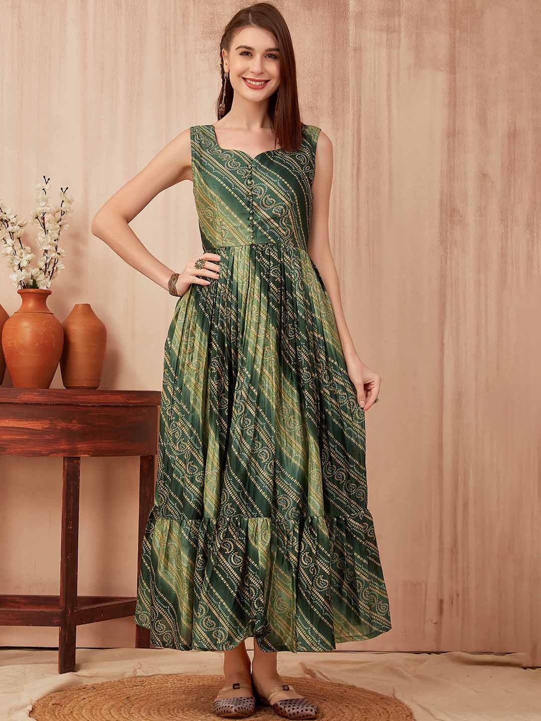 

Chandbaali Bandhani Printed Tiered Fit & Flared Midi Ethnic Dress, Green