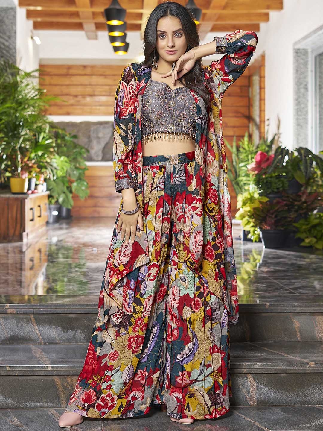 

Chandbaali Embroidered Silk Top & Printed Palazzos with Shrug Co-Ords Set, Grey