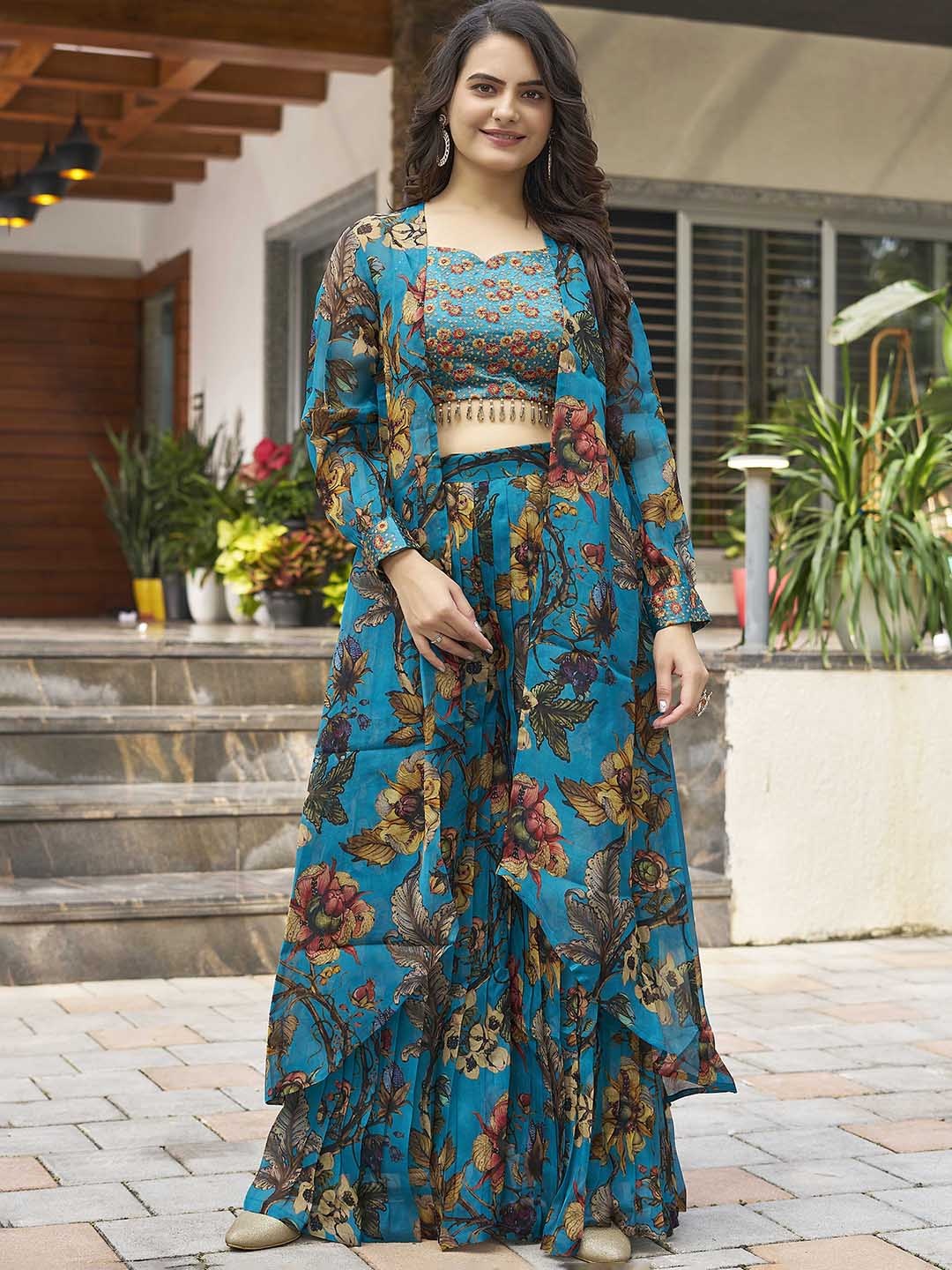 

Chandbaali Printed Shrug, V-Neck Top & Mid-Rise Palazzo Co-Ords, Blue