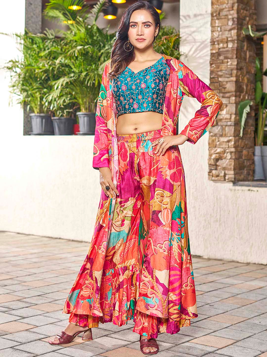 

Chandbaali Embroidered Top & Printed Palazzos with Shrug, Red