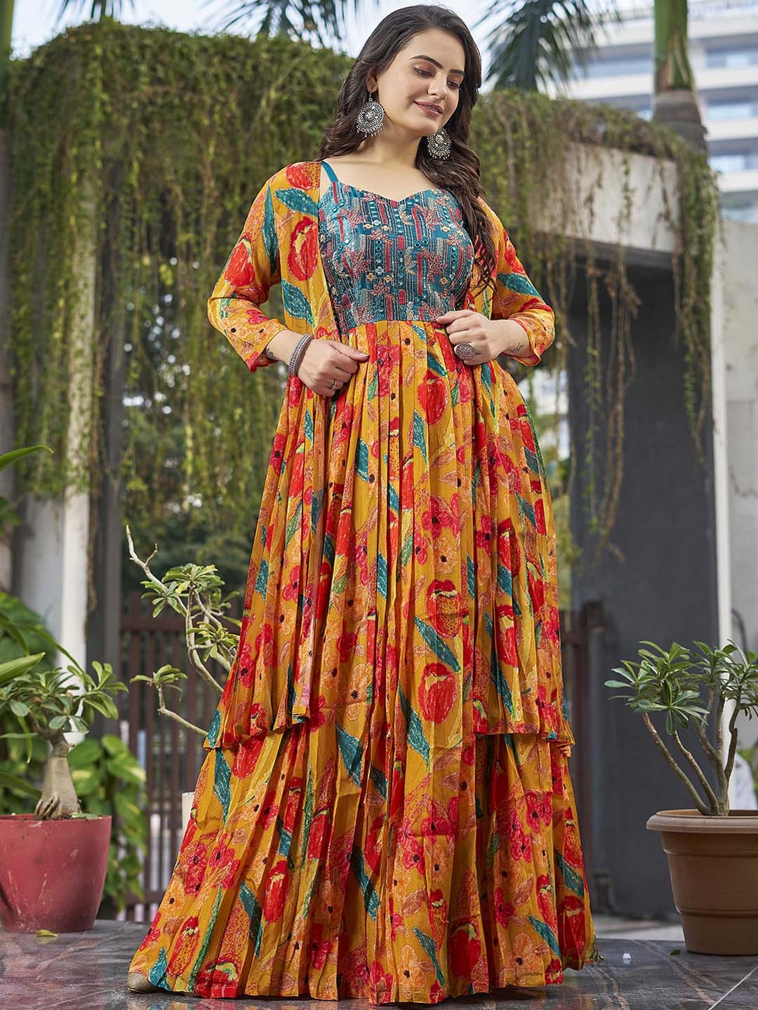 

Chandbaali Floral Printed Flared Maxi Ethnic Dresses With Shrug, Yellow