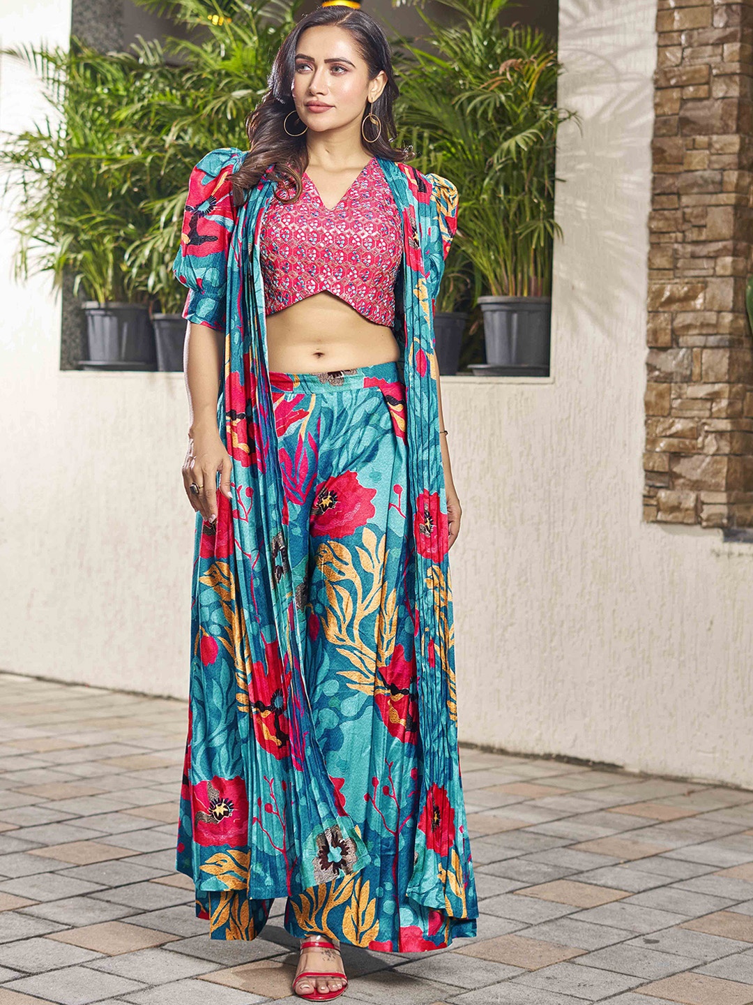

Chandbaali Embroidered Satin Top & Printed Palazzos with Shrug, Sea green
