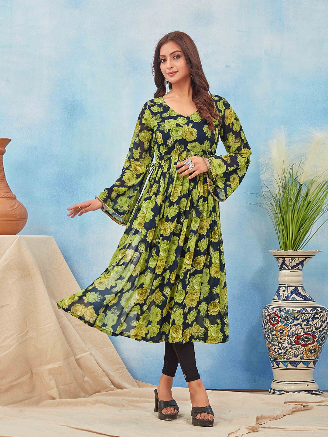 

Chandbaali Floral Printed Anarkali Kurta, Green