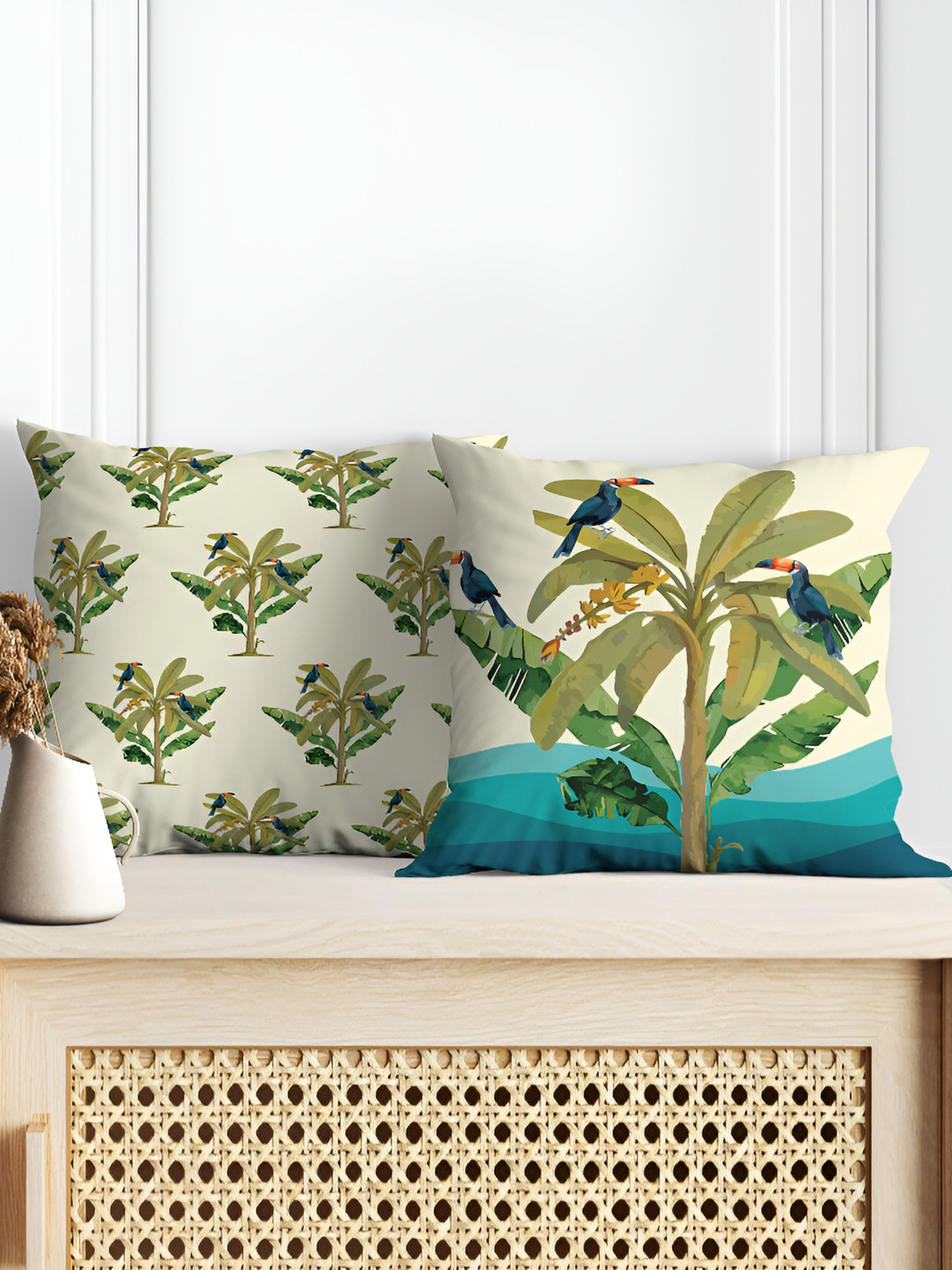 

Astitva Beige & Green 2 Pcs Floral Square Cushion Covers